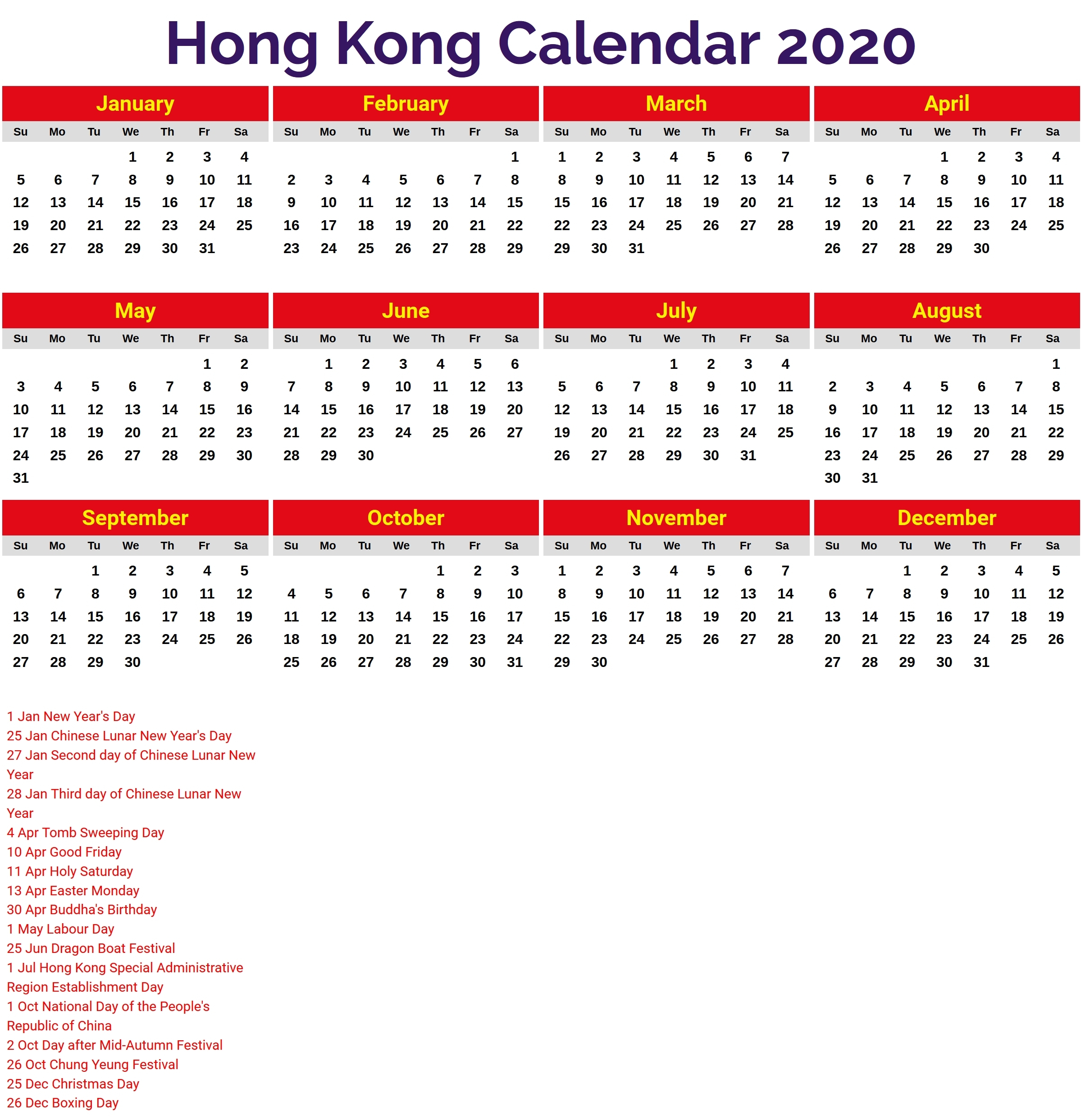 2020 Blank Hk Calender | Monthly Printable Calender