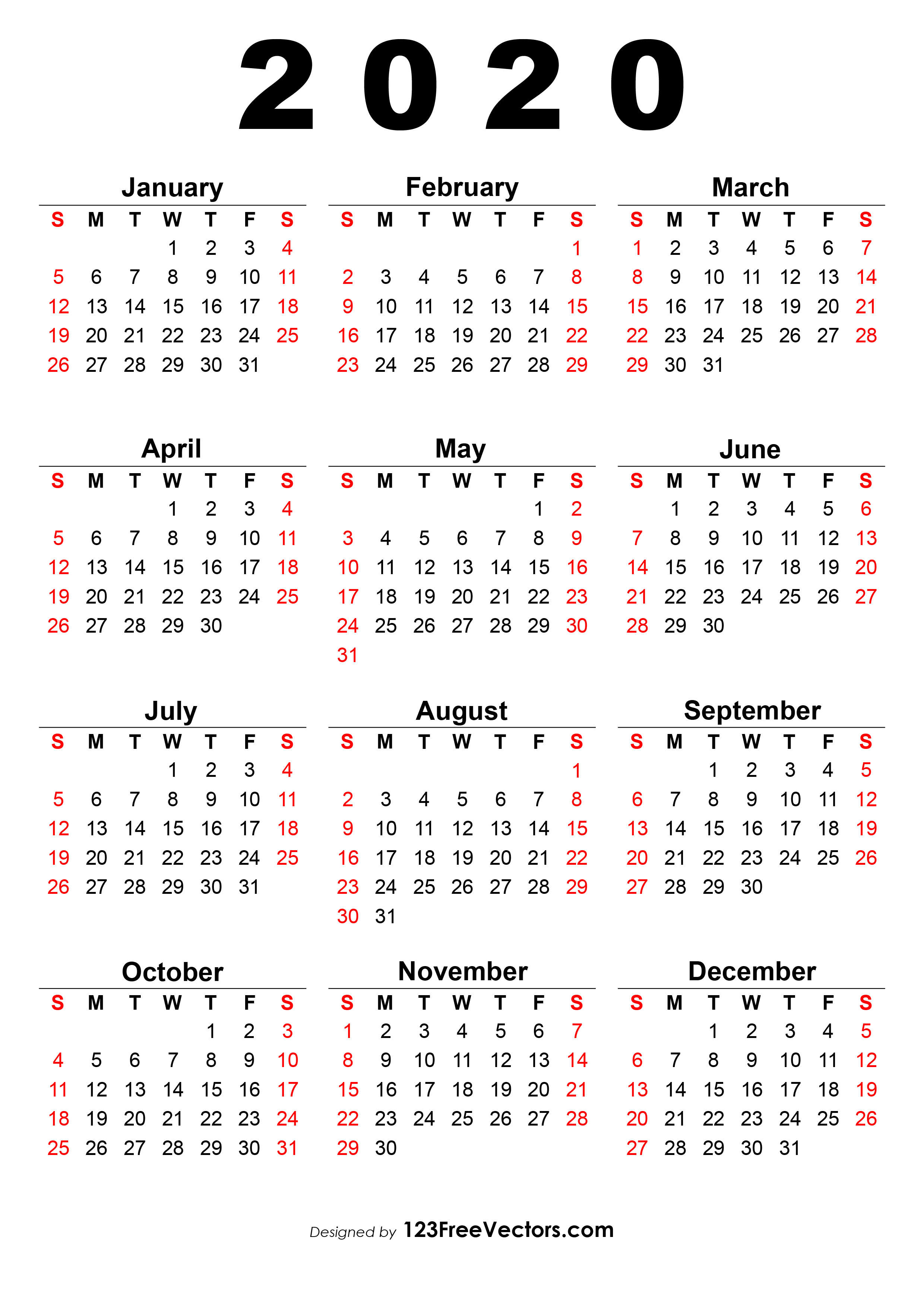 2020 12 Month Single File Calendar Printable Free Example Calendar