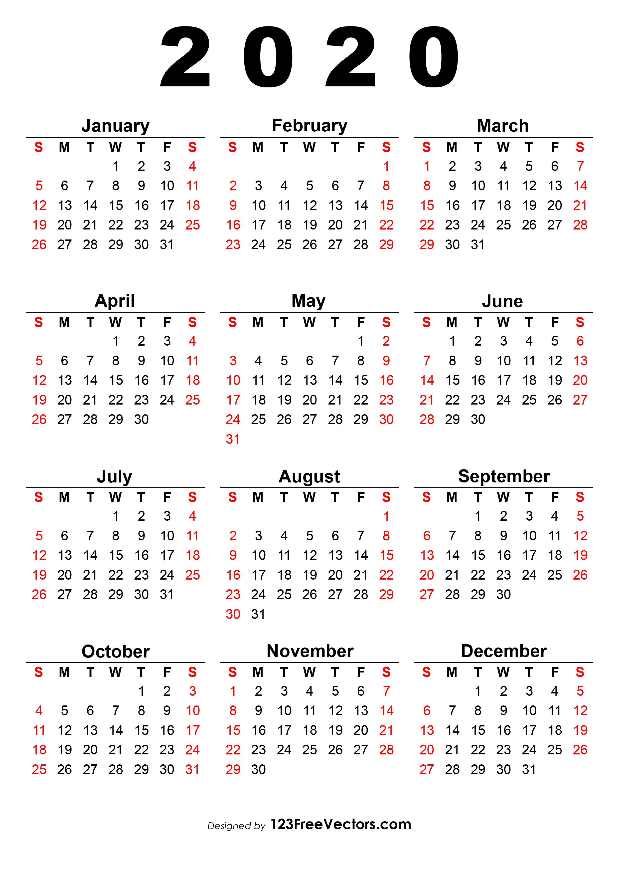 2020 12 month single file calendar printable free