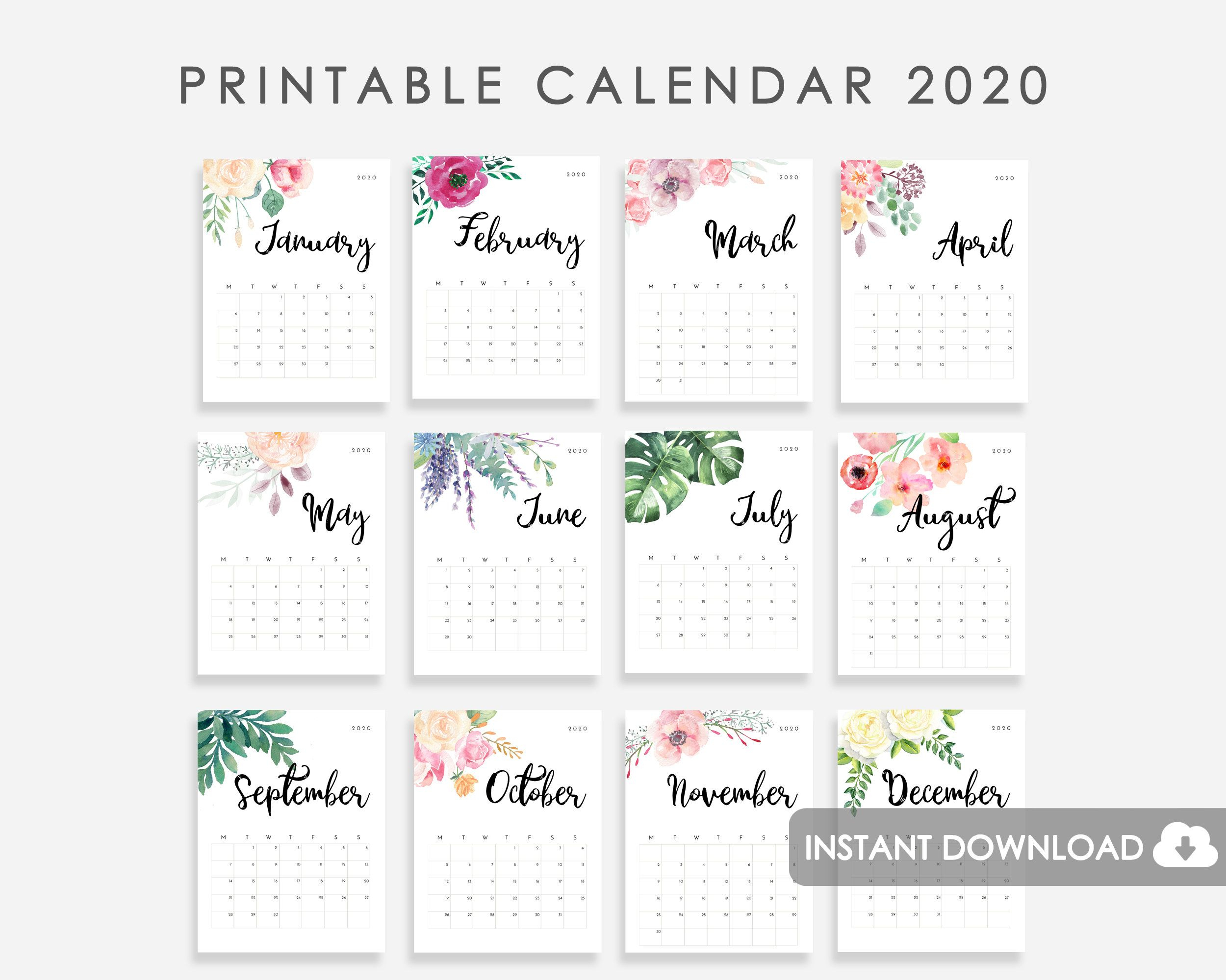 2020 Calendar Printable, Desk Calendar 2020, 2020 Wall
