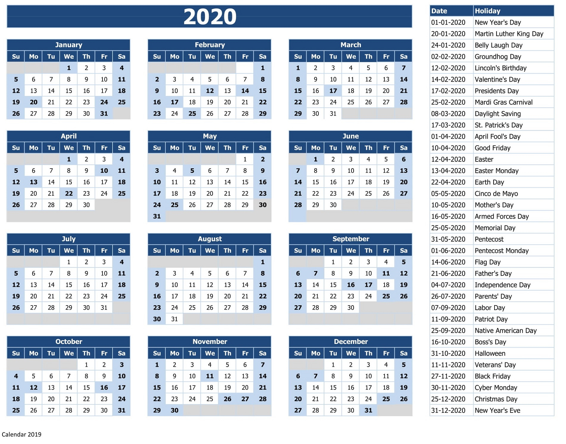2020 Calendar Printable With Holidays And Notes | Calendar