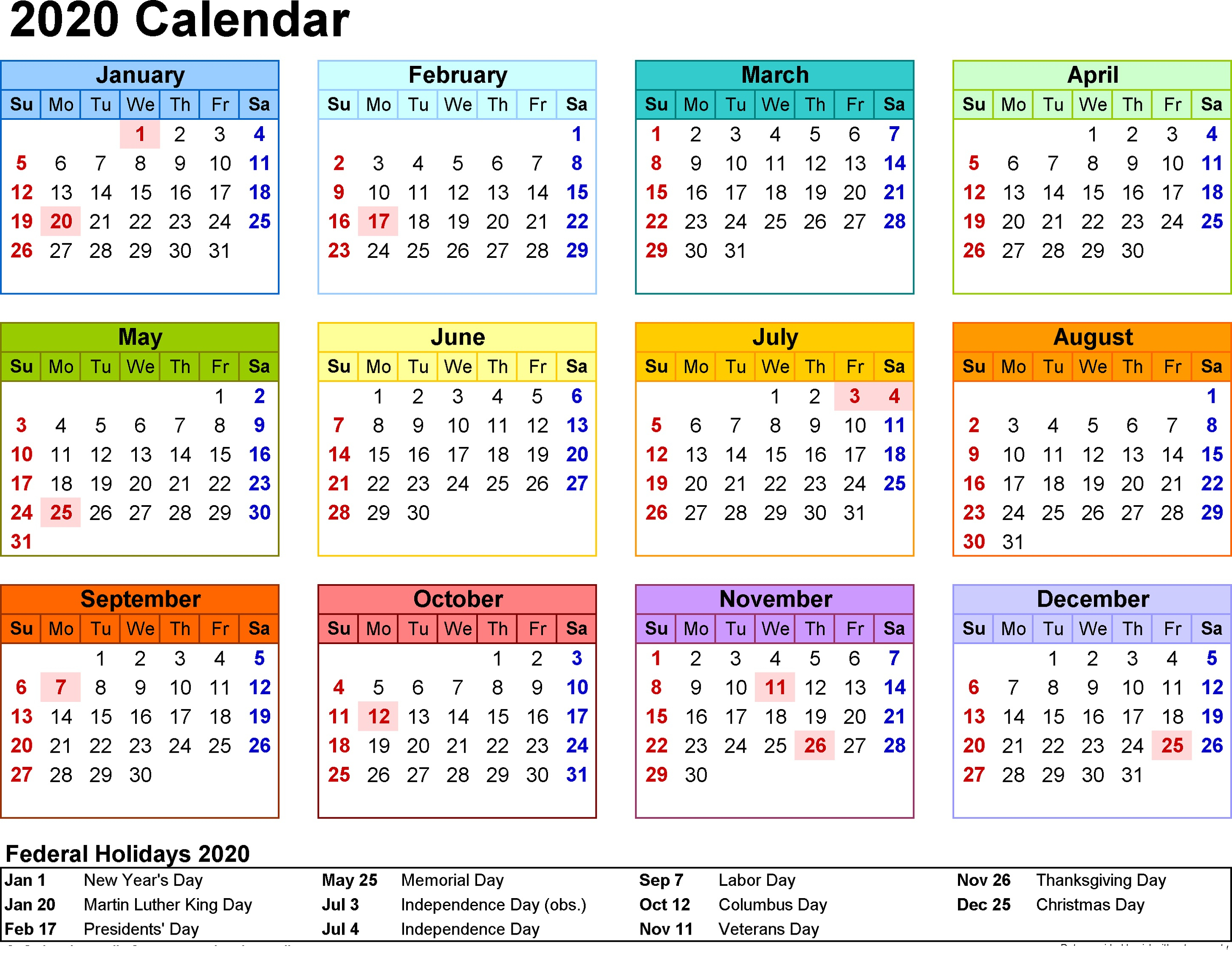 Printable Usa 2020 Calendar With Holidays Example Calendar Printable