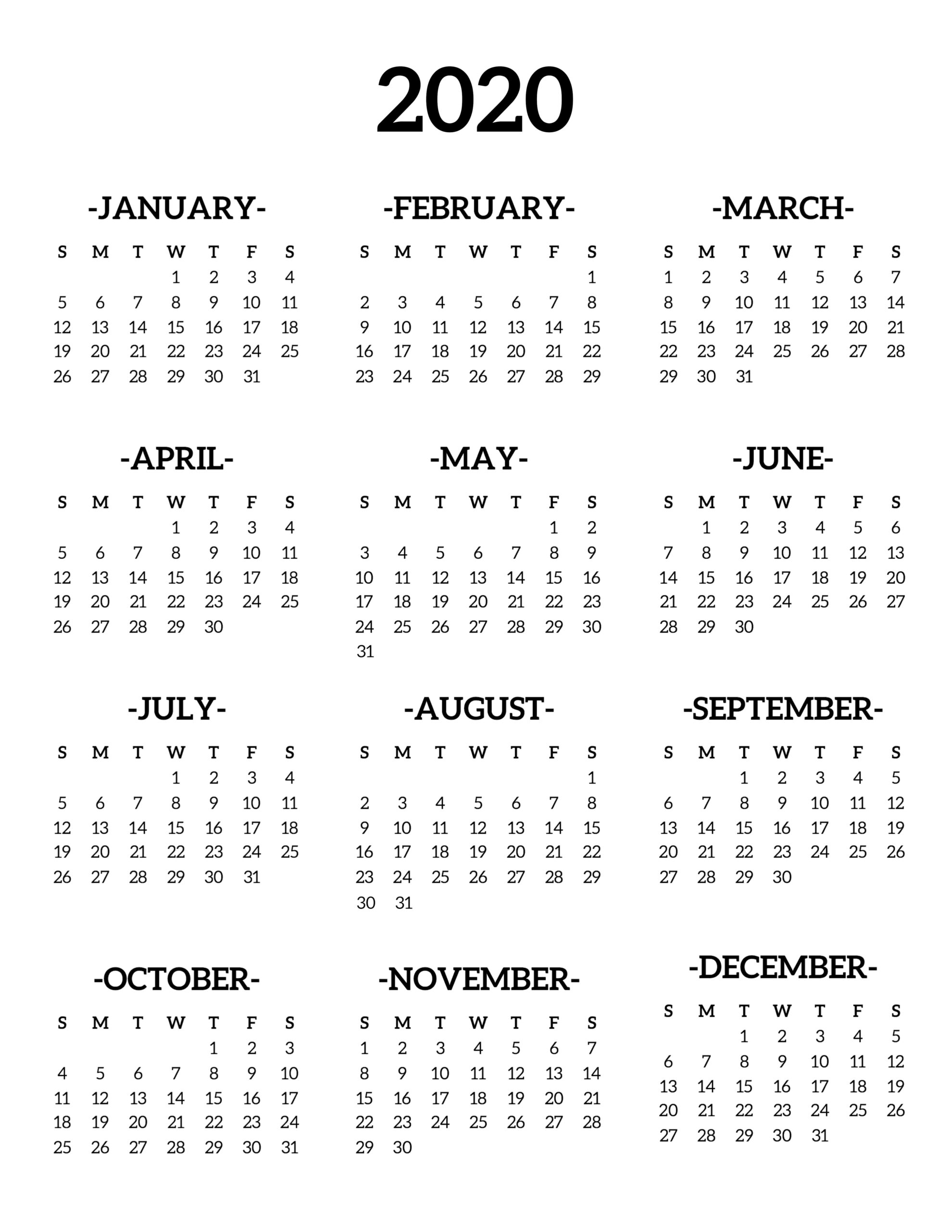 2020 Calendar Year At A Glance Printable | Get Your Calendar