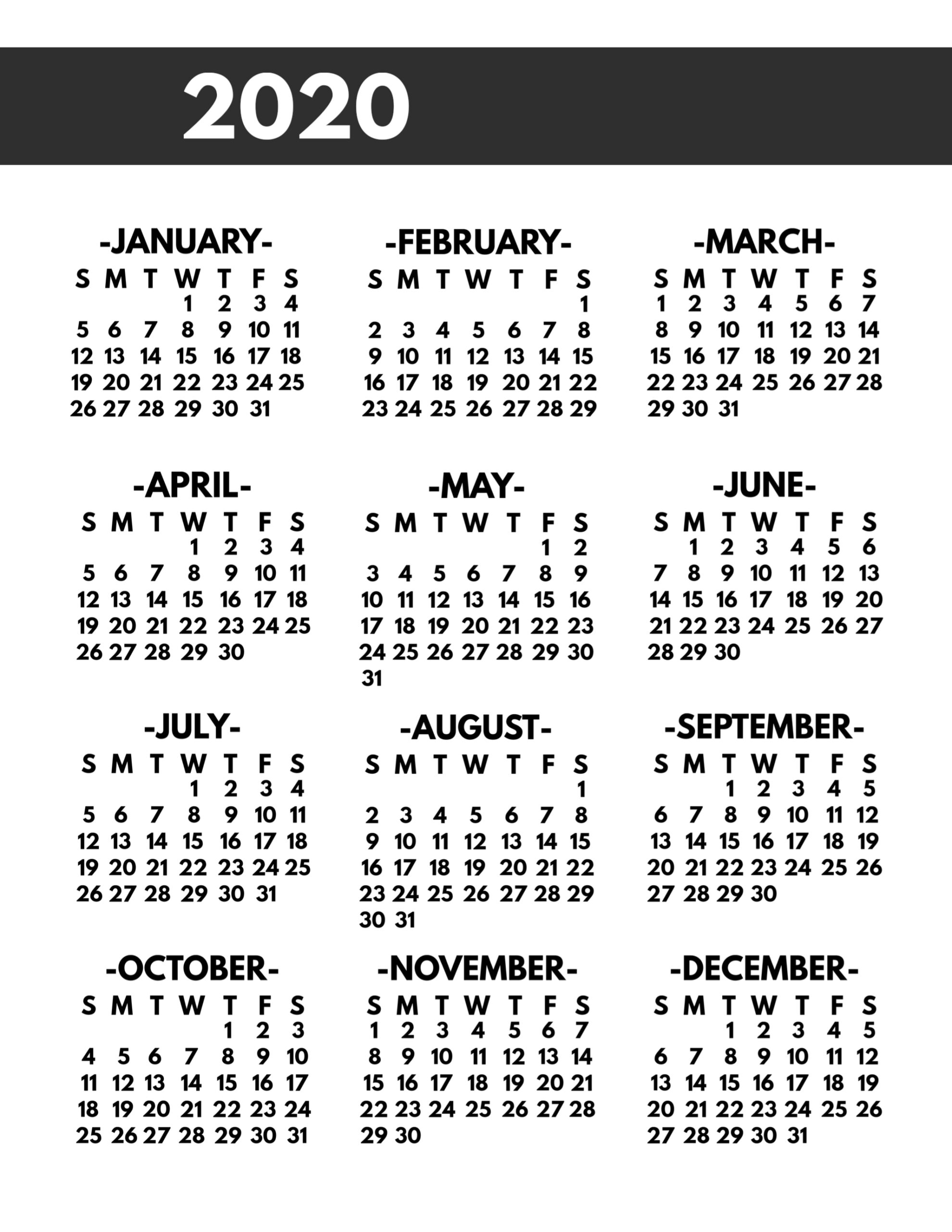 2020 Calendar Year At A Glance Printable | Monthly Printable
