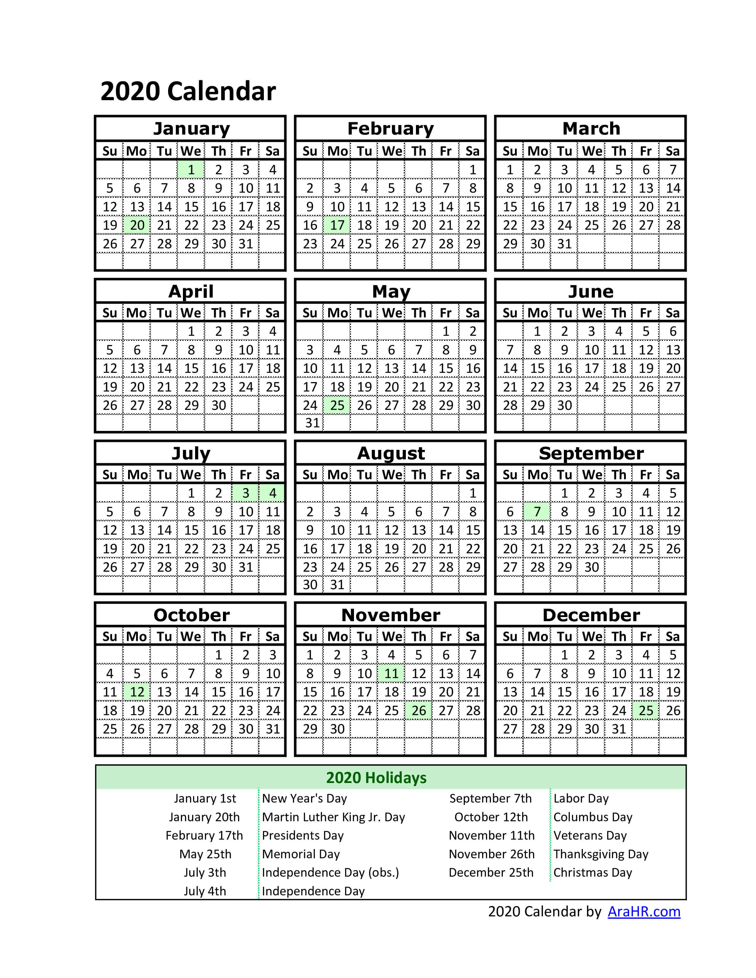 Printable Employee Vacation Calendar 2020 | Example ...