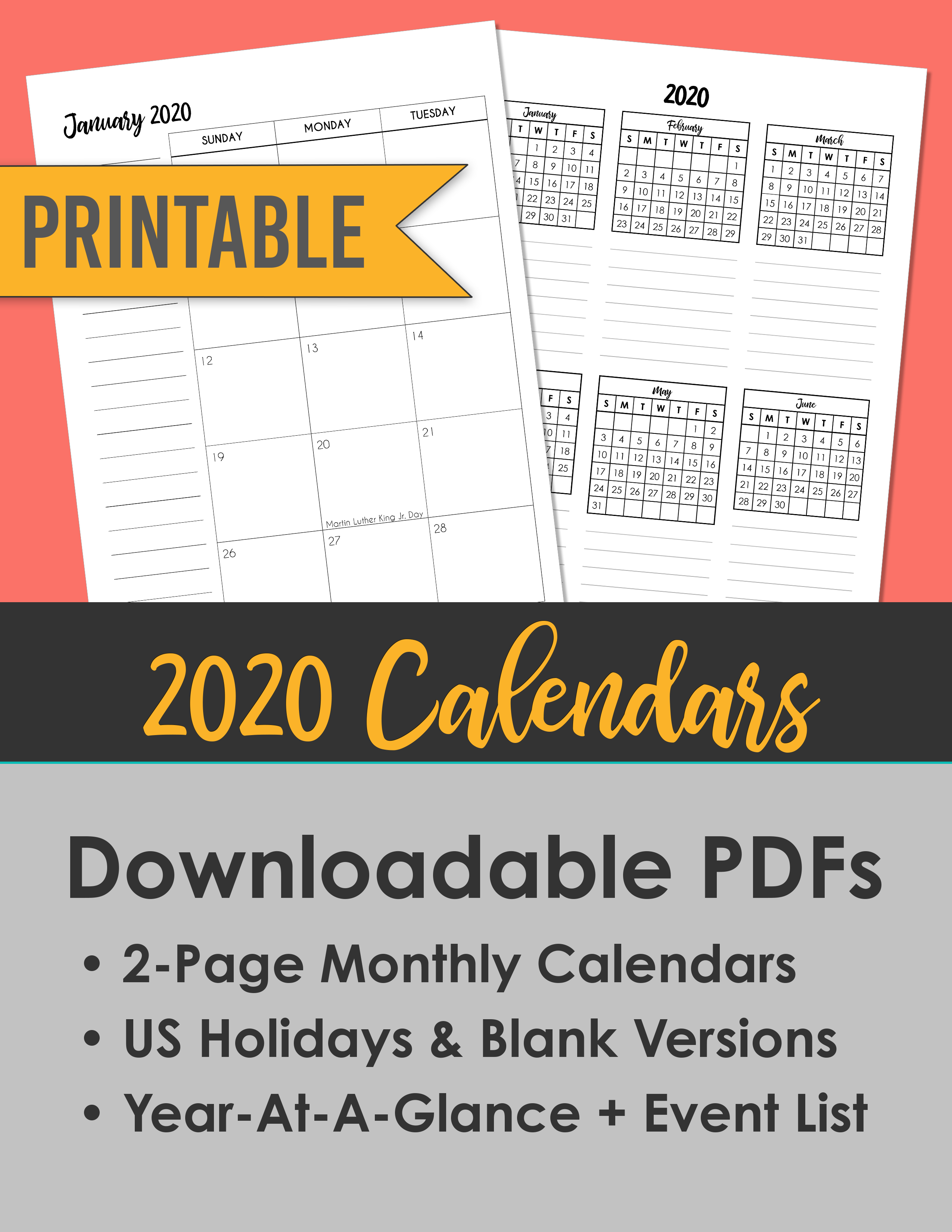 2020 Monthly Calendars + Year-At-A-Glance | Brush Lettering