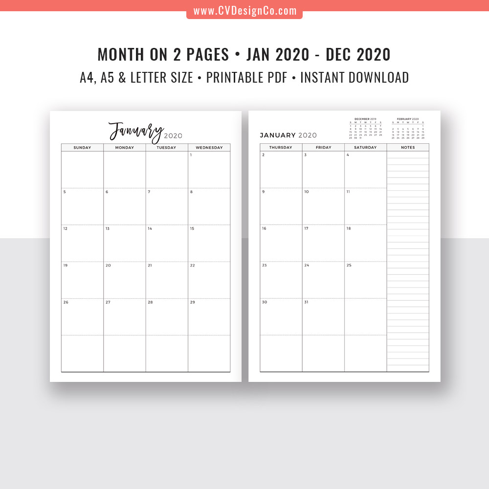 2020 Monthly Planner, 12 Month Calendar, Monthly Organizer, Month On 2  Pages, Printable Planner Inserts, Best Planner Template, Filofax A5, A4,  Letter