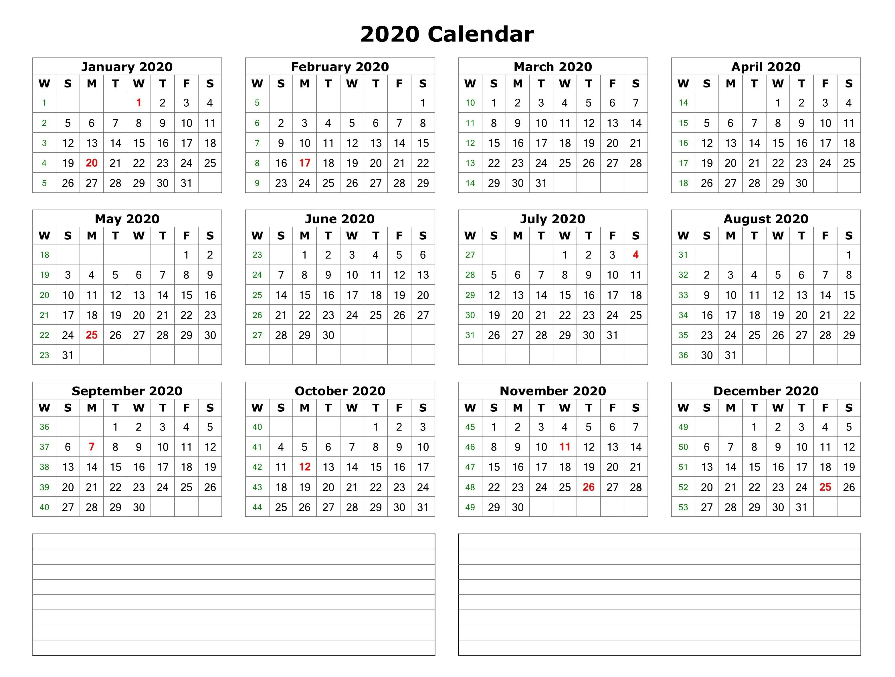 2020 One Page Calendar With Notes | Monthly Calendar