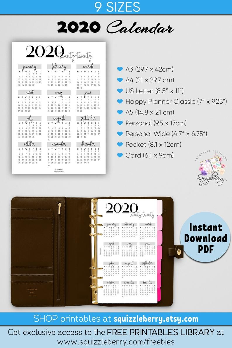 2020 Printable Calendar, Minimalist Calendar, A3 Wall