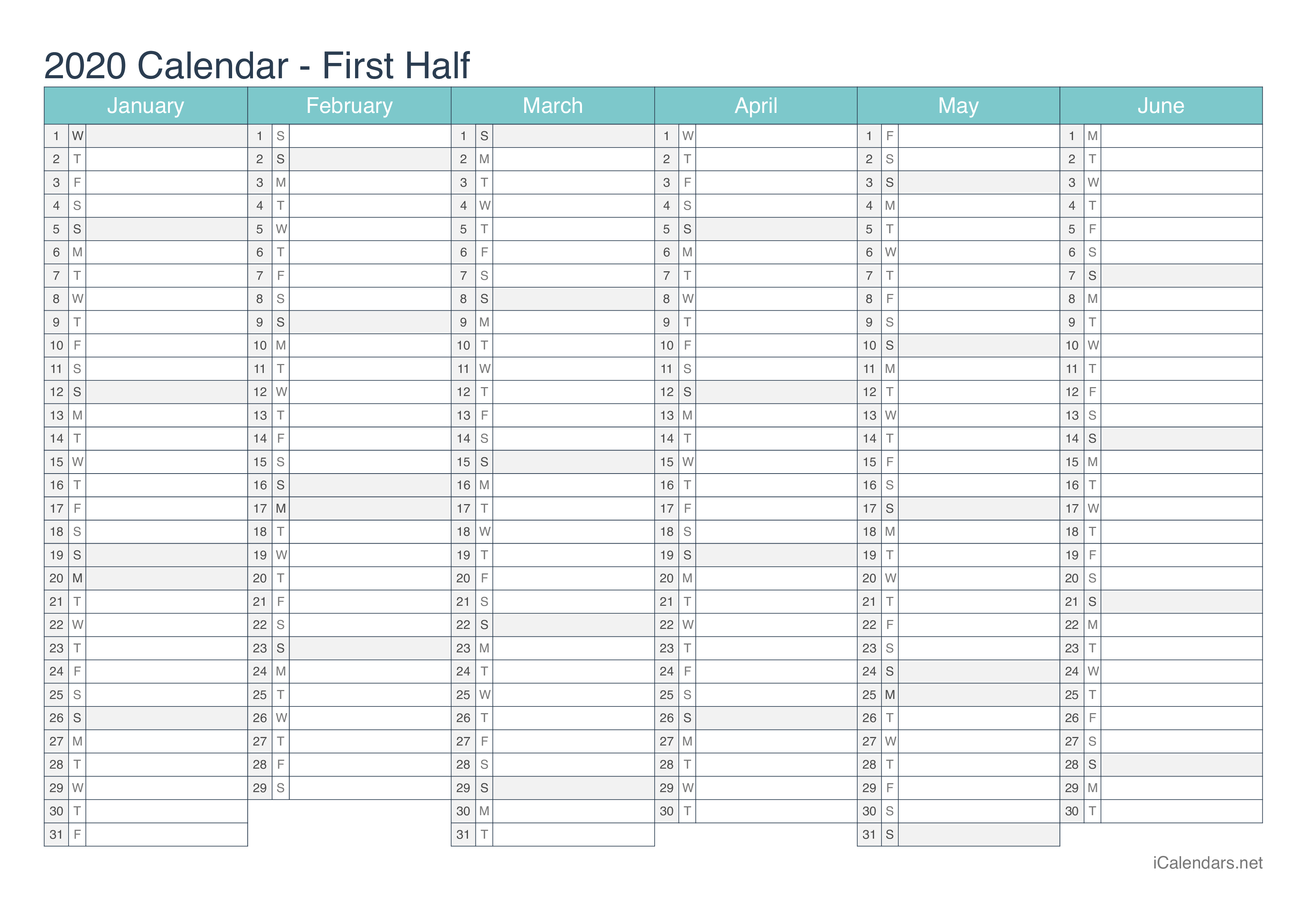 Half Year Printed Calendar