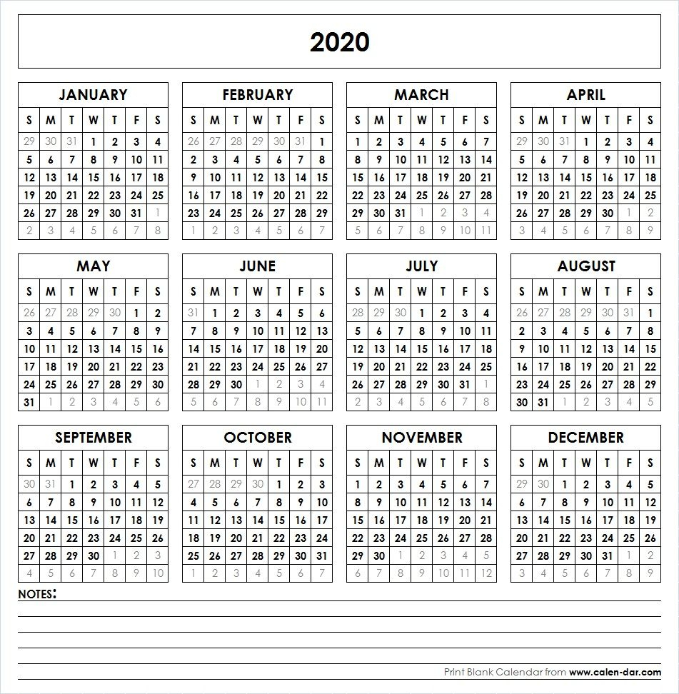 2020 Printable Calendar | Printable Yearly Calendar, Yearly