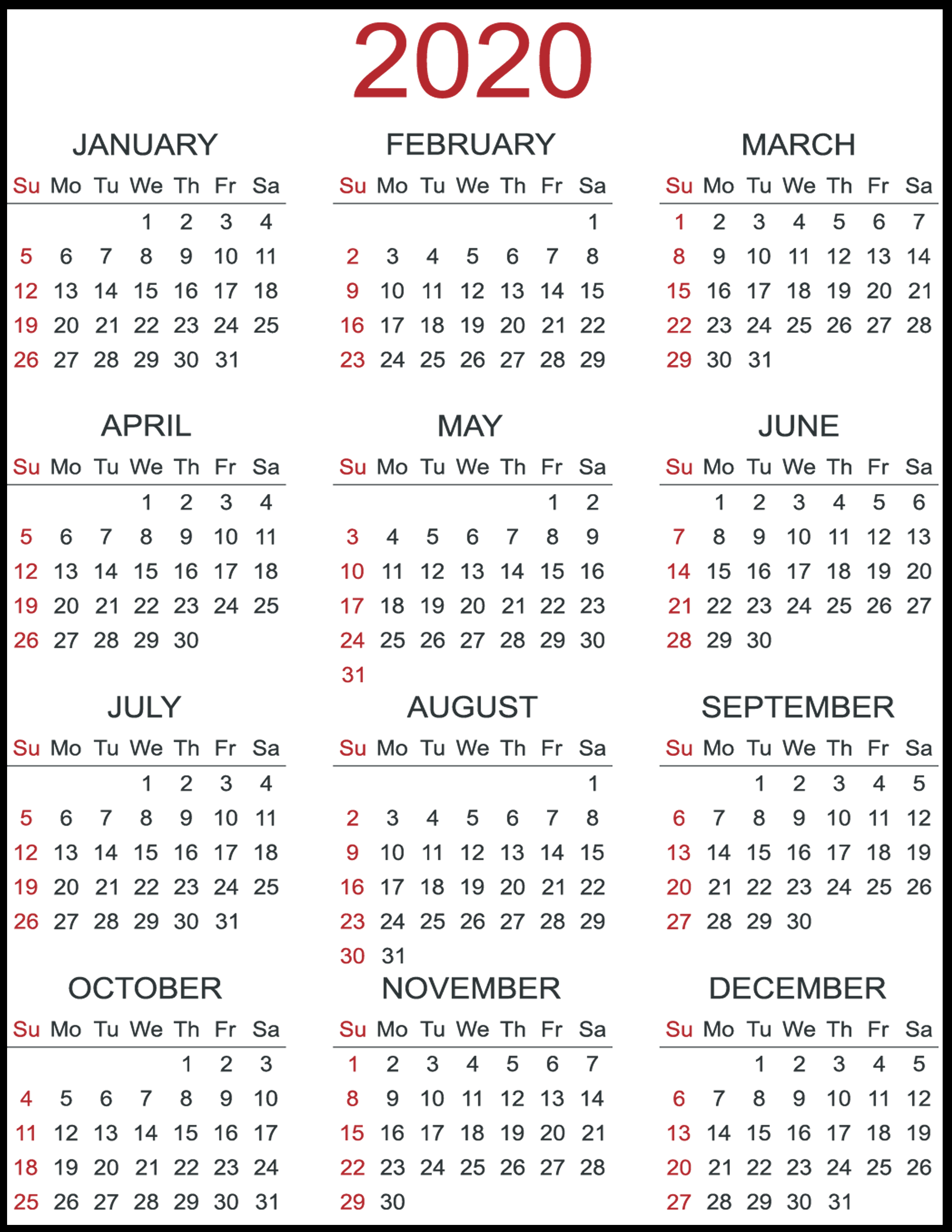 2020 Printable Calendar Yearly - Tunu.redmini.co