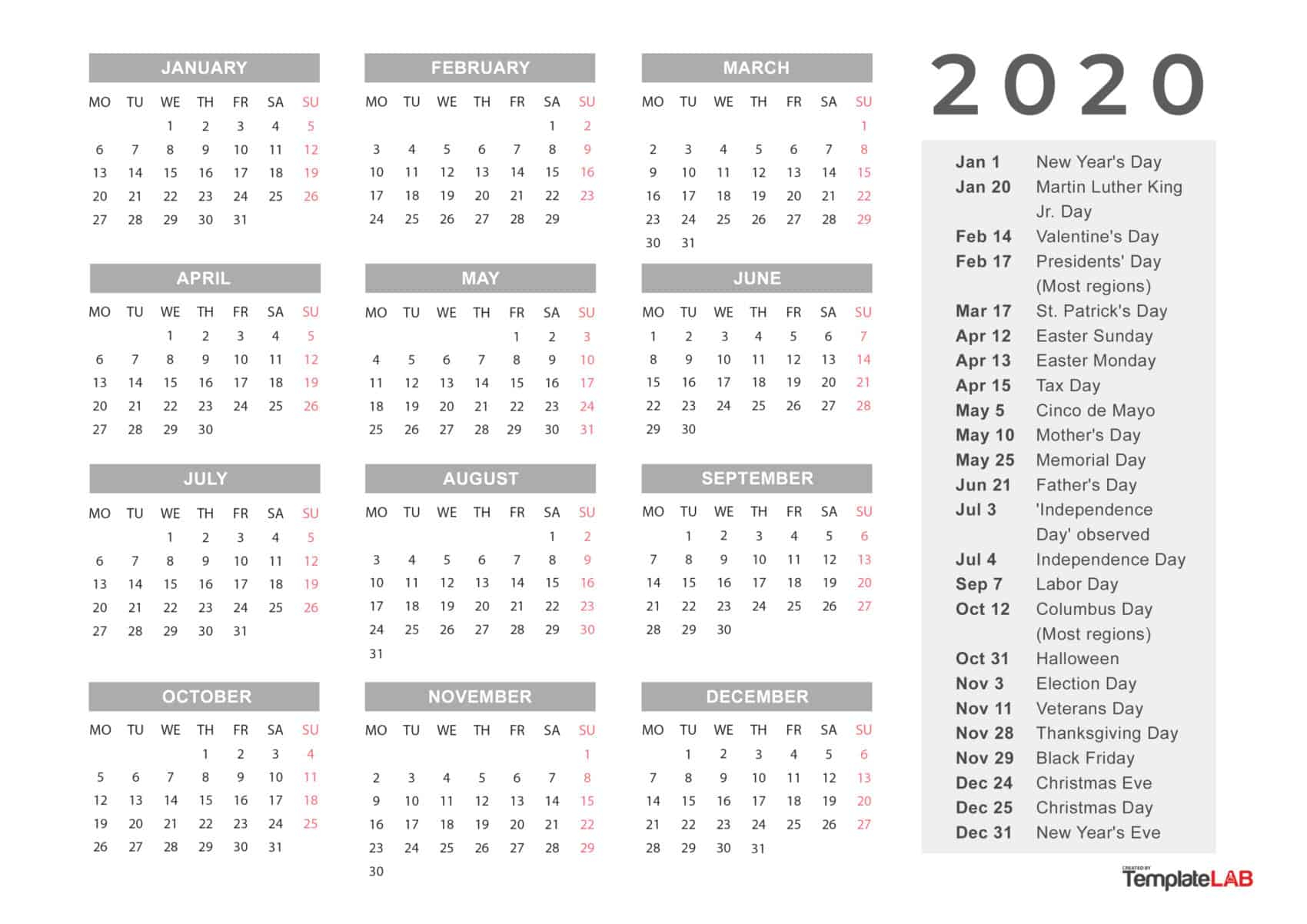 2020 Printable Calendars [Monthly, With Holidays, Yearly] ᐅ