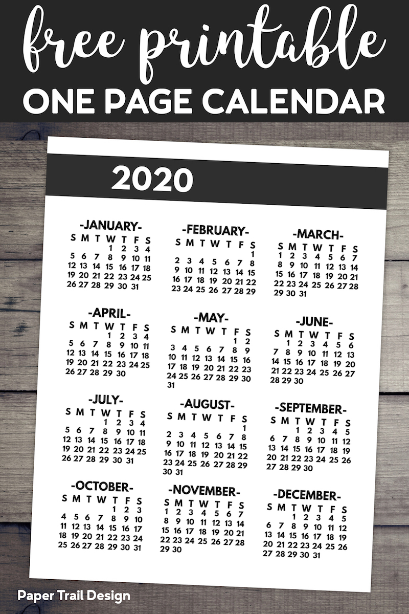 2020 Printable One Page Year At A Glance Calendar - Paper