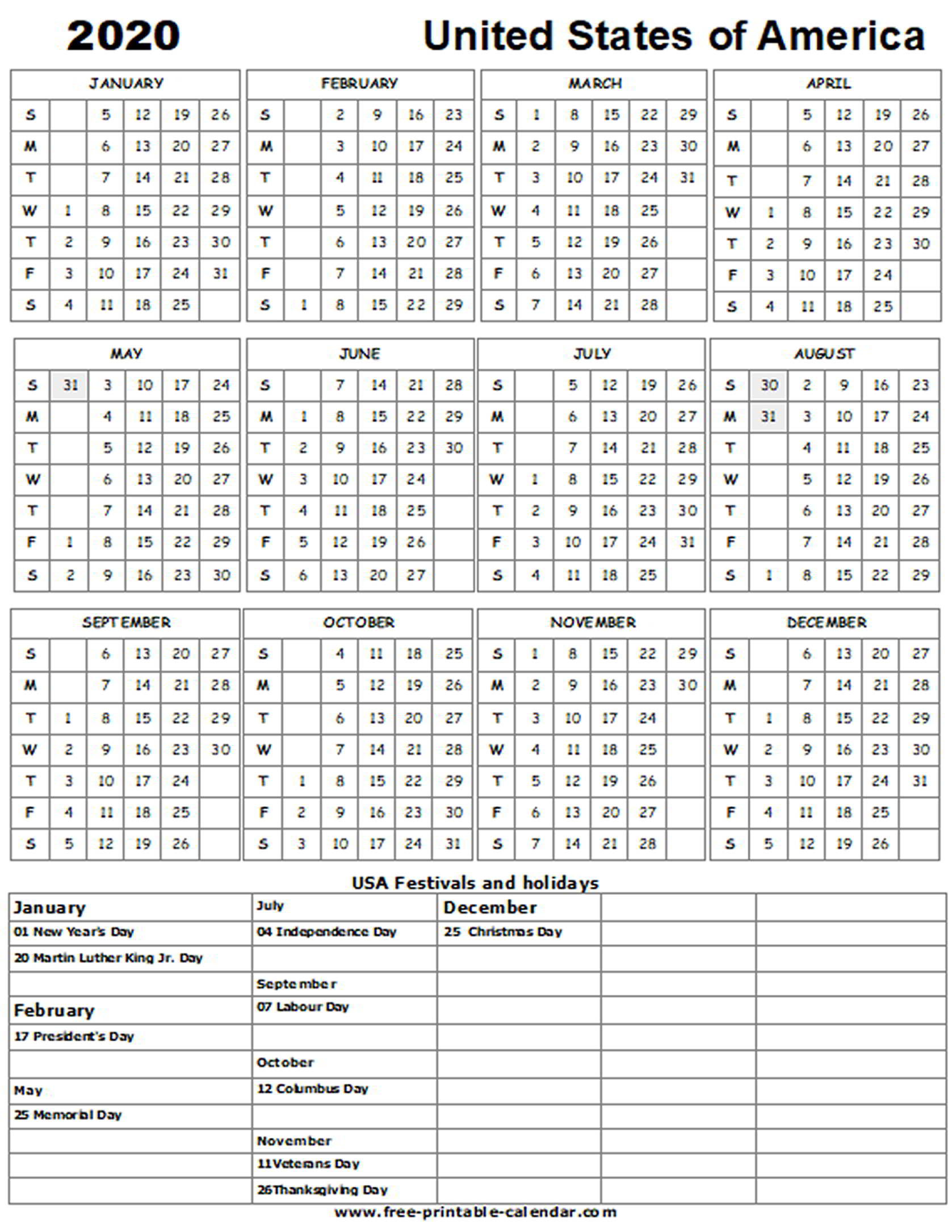 Printable Usa 2020 Calendar With Holidays Example Calendar Printable