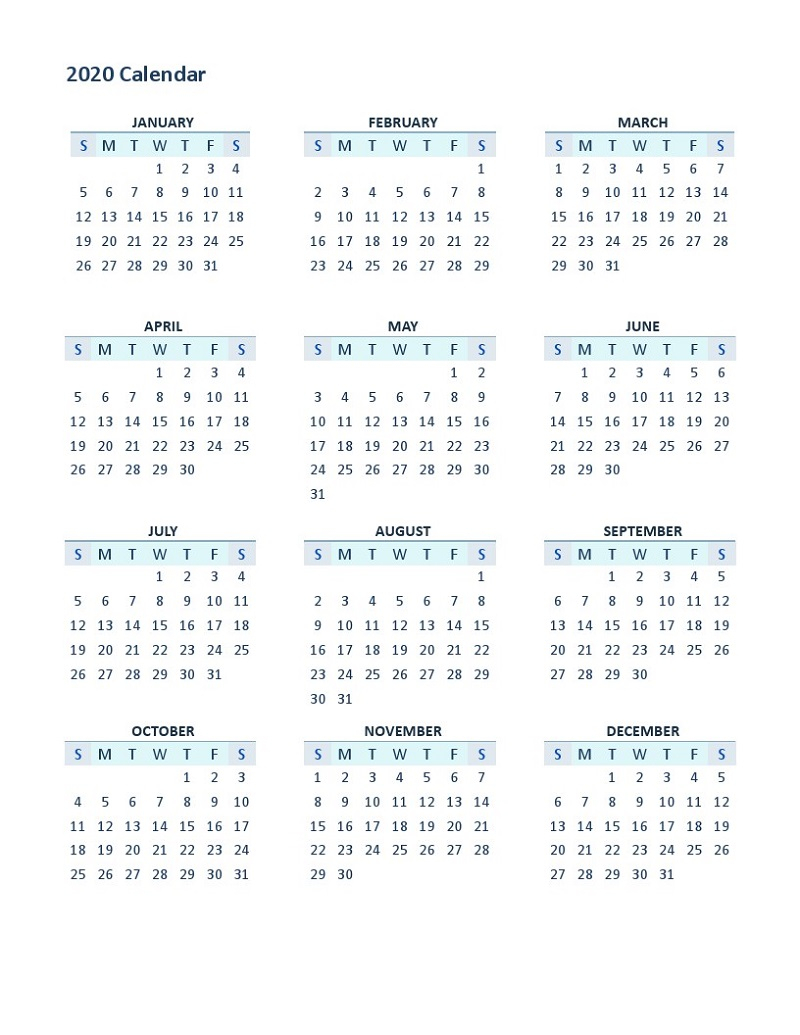 2020 Yearly Calendar Printable 12 Months | Calendar Shelter
