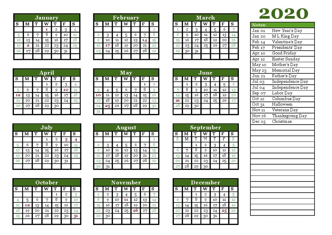 2020 Yearly Calendar Template Full Landscape And Potrait