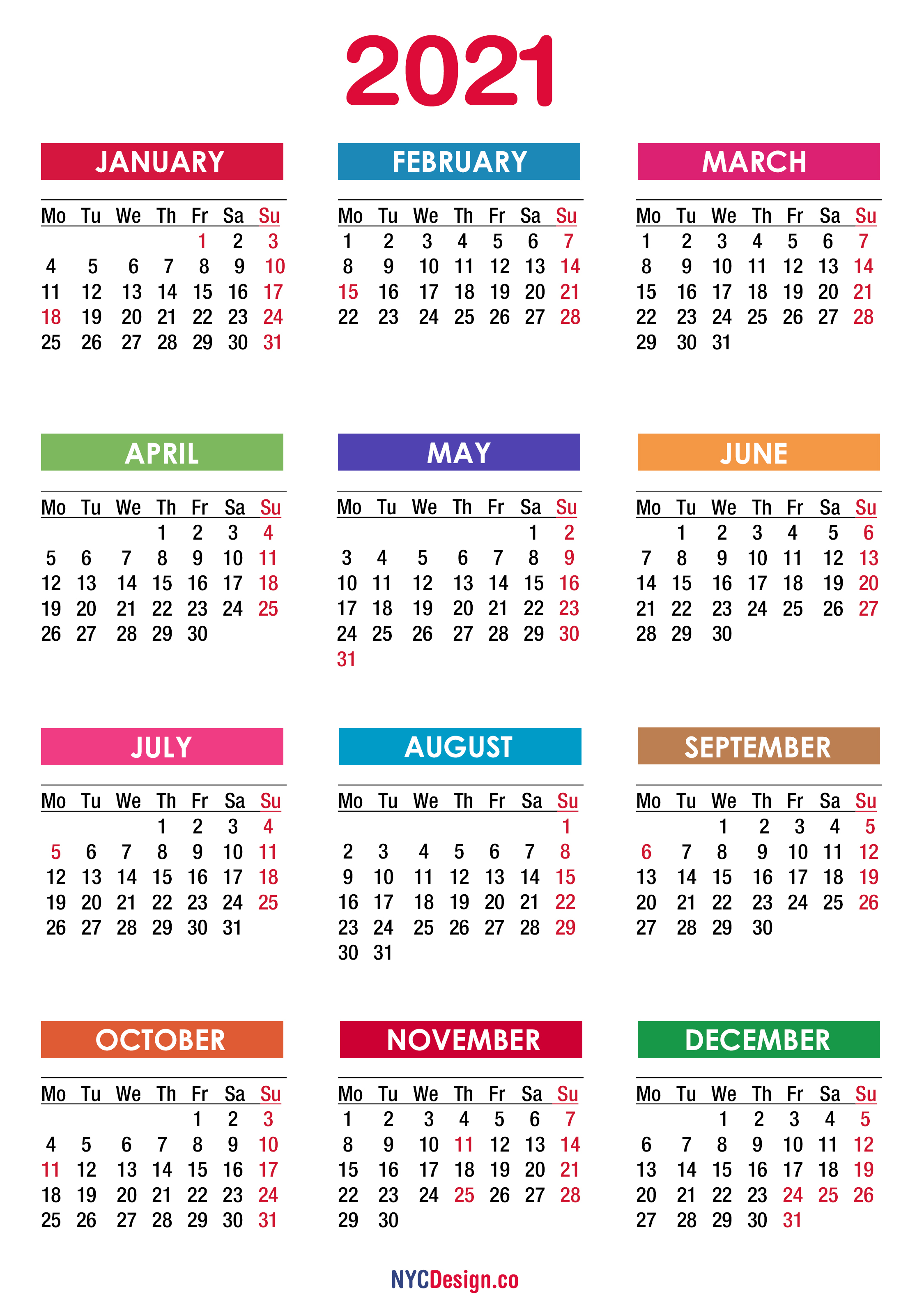 2021 Calendar With Holidays, Printable Free, Pdf, Colorful