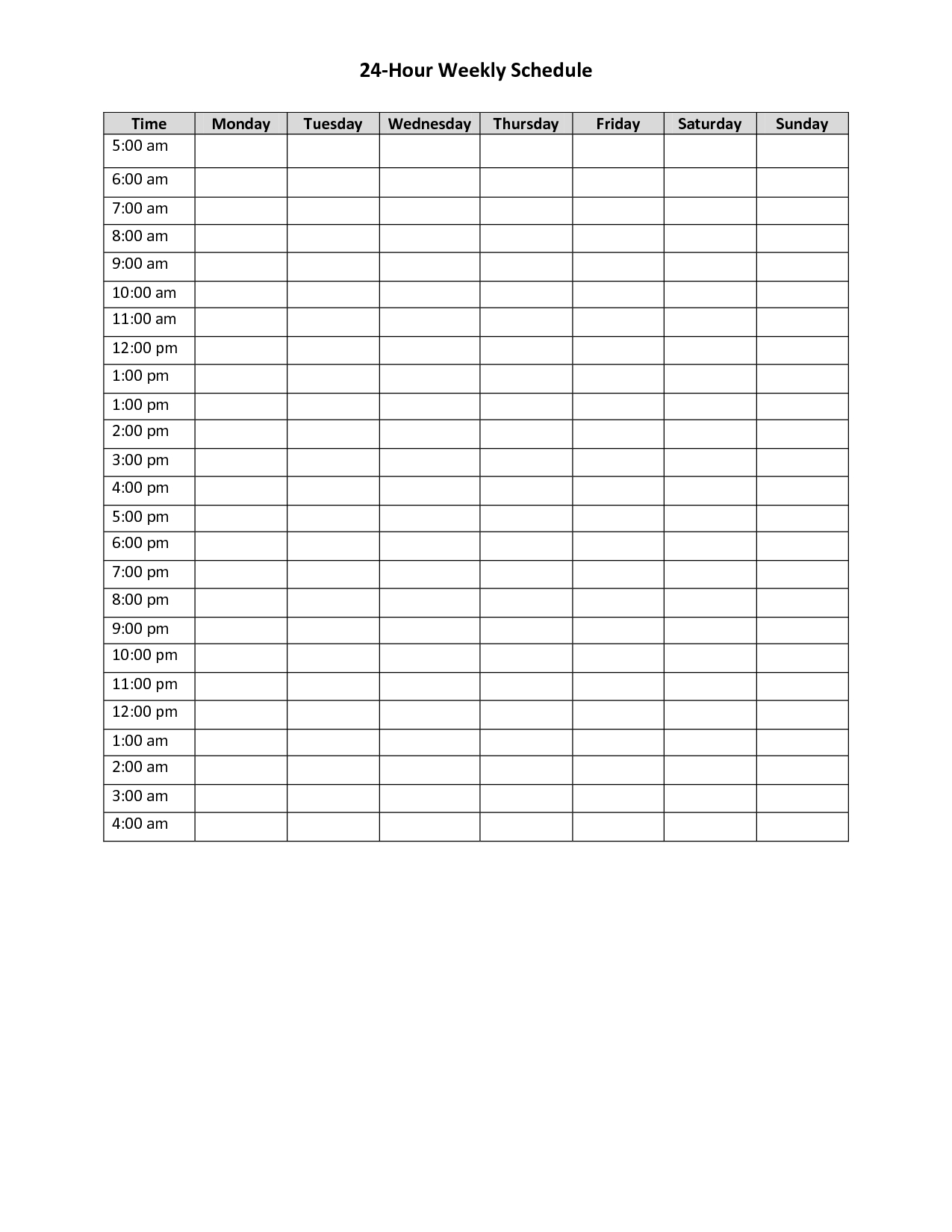 hourly schedule work week printable