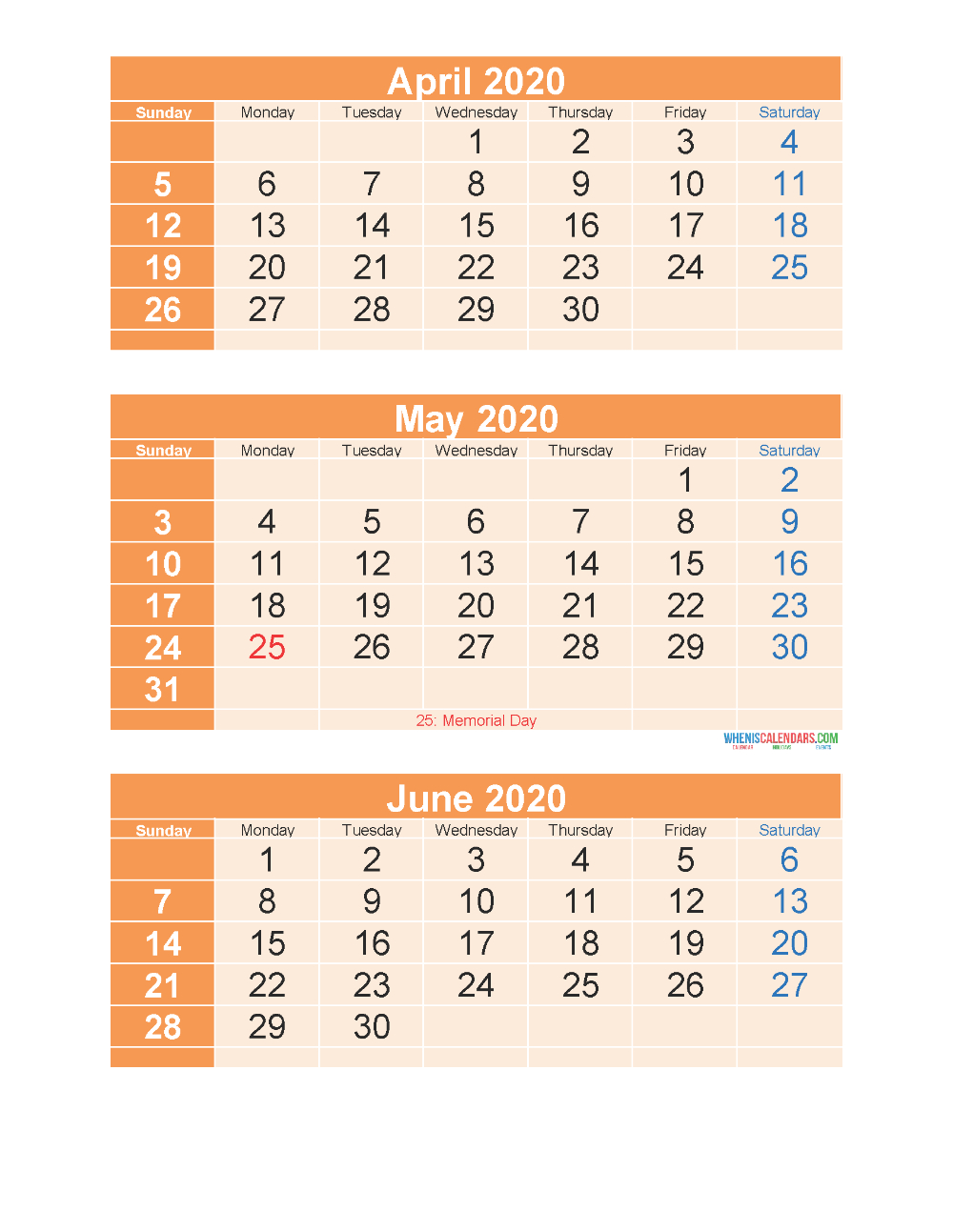 3 Month Calendar 2020 Printable April May June Printable