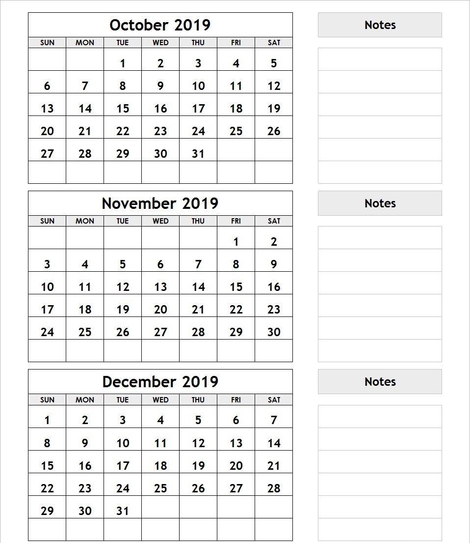 3 Month Calendar October November December 2019 | December