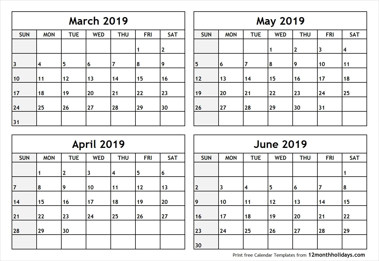 4 Month Blank Calendar 2019 March April May June #april #may