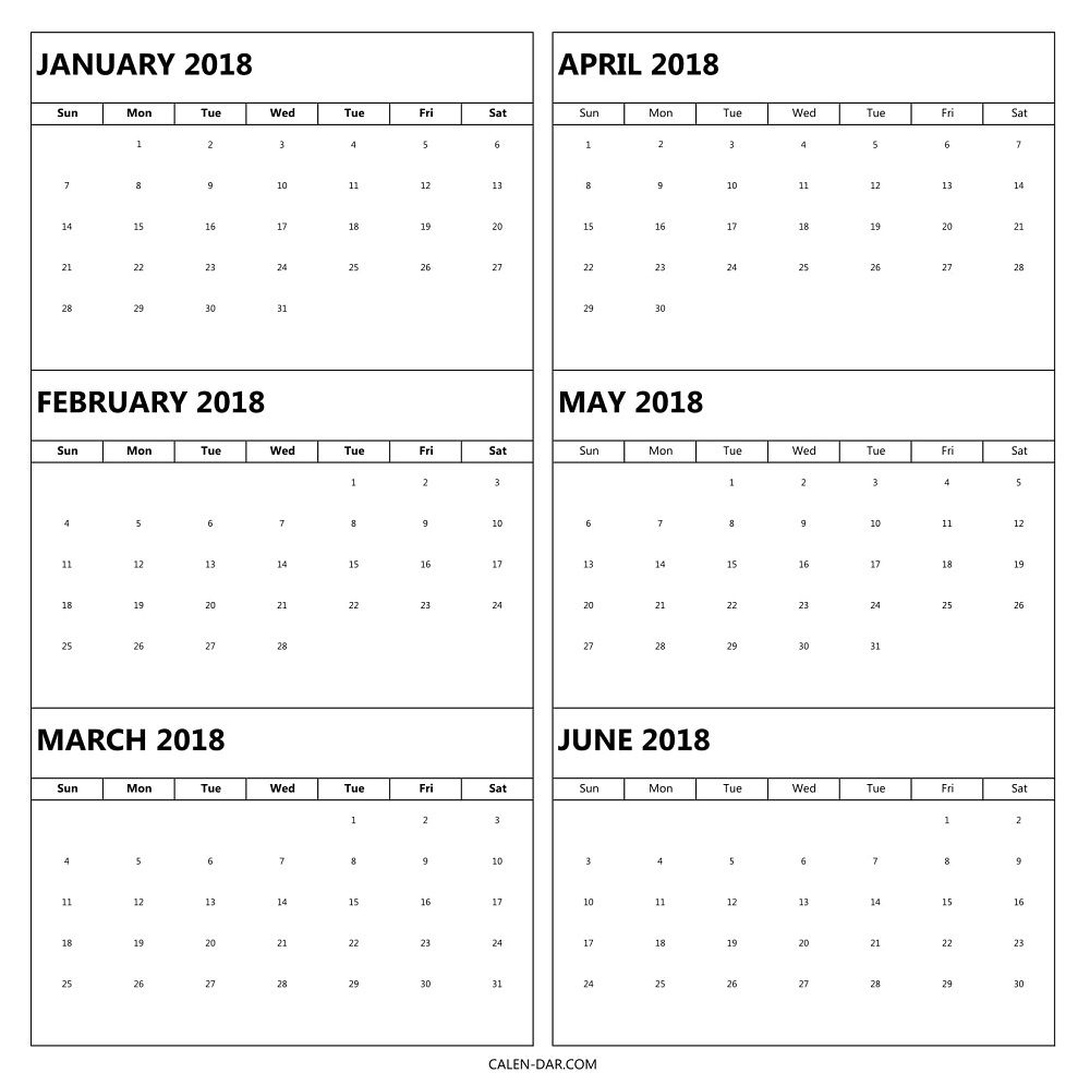 6 Month 2018 Calendar Printable | Excel Calendar Template