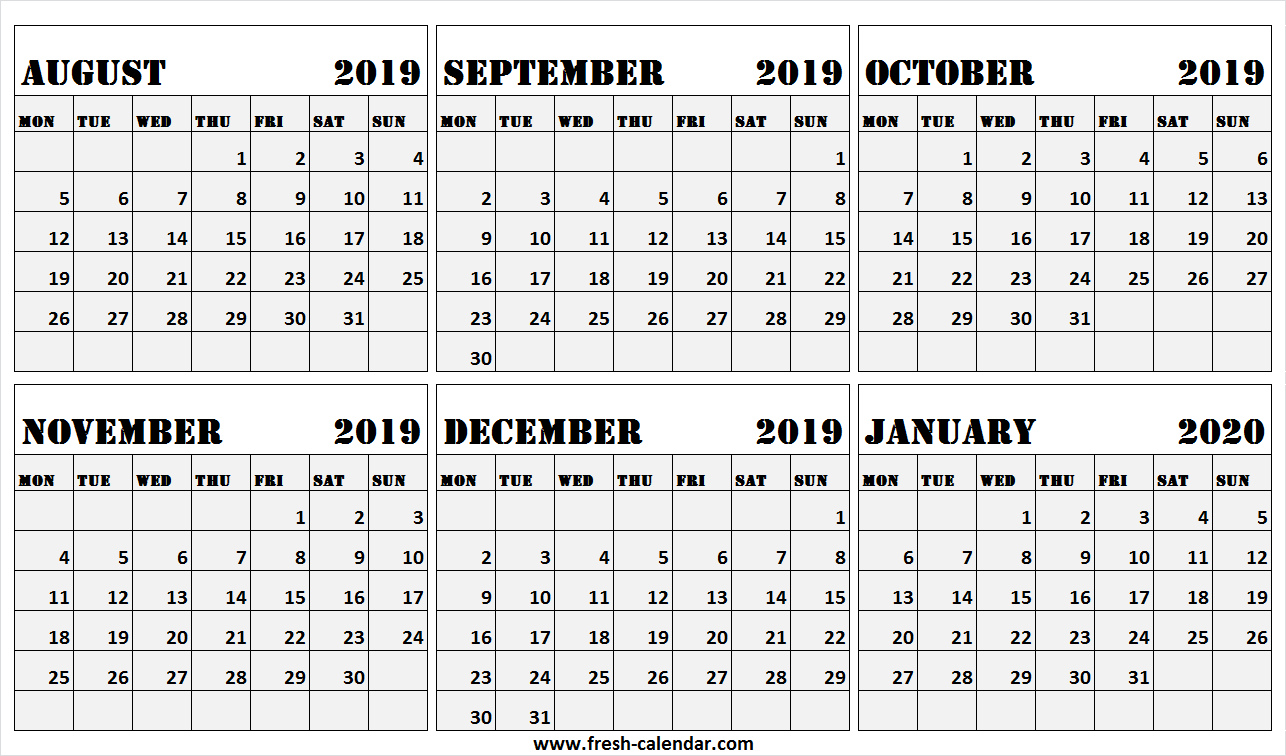 6 Month Calendar August 2019 To January 2020 Free | 2019