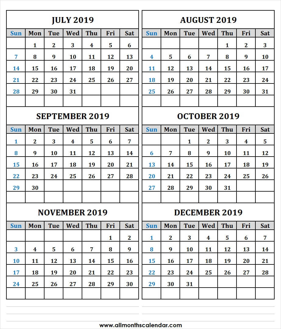 6 Month Calendar July To December 2019 Template | Download