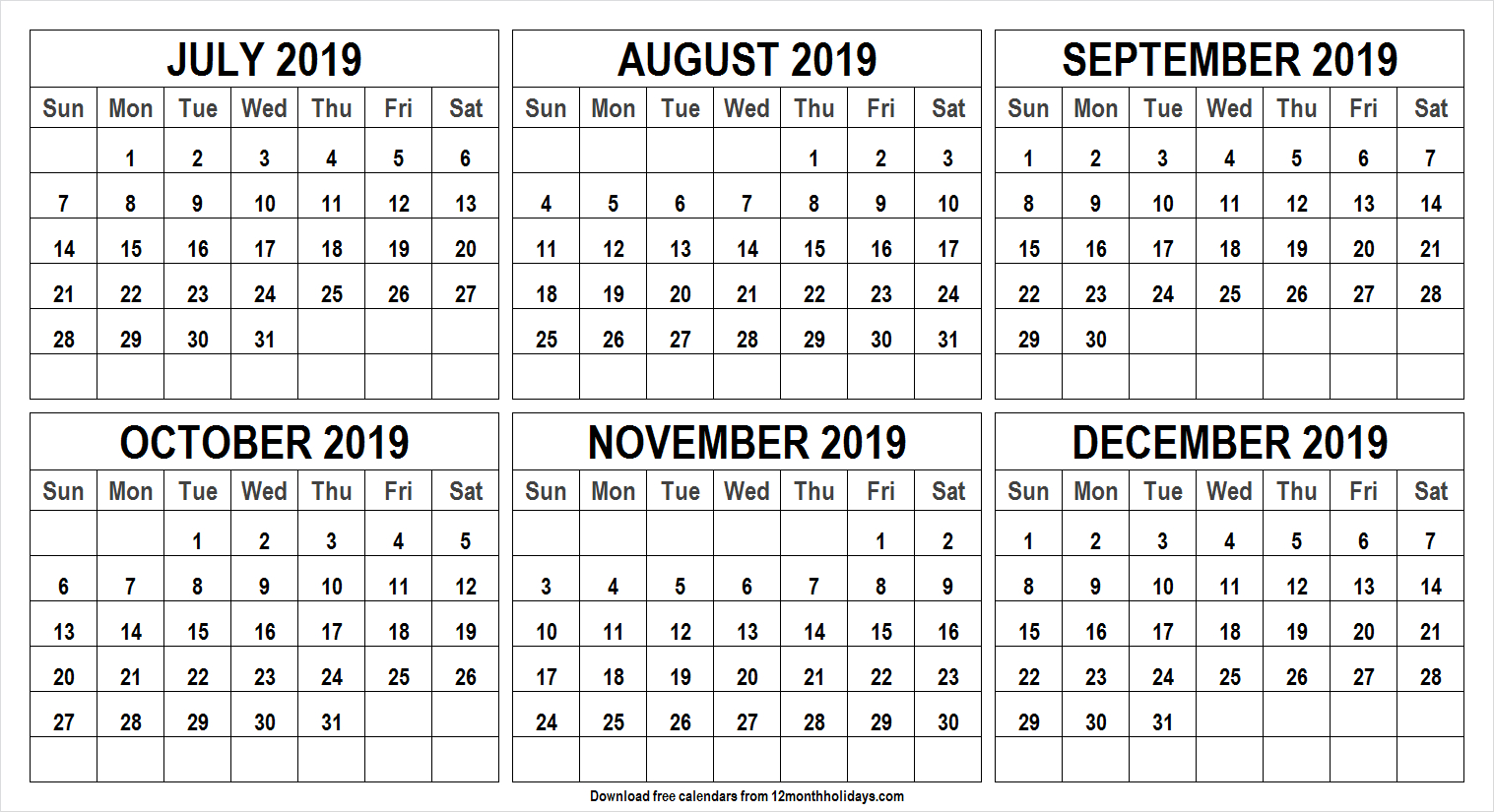 6 month calendar july to december 2023 printable