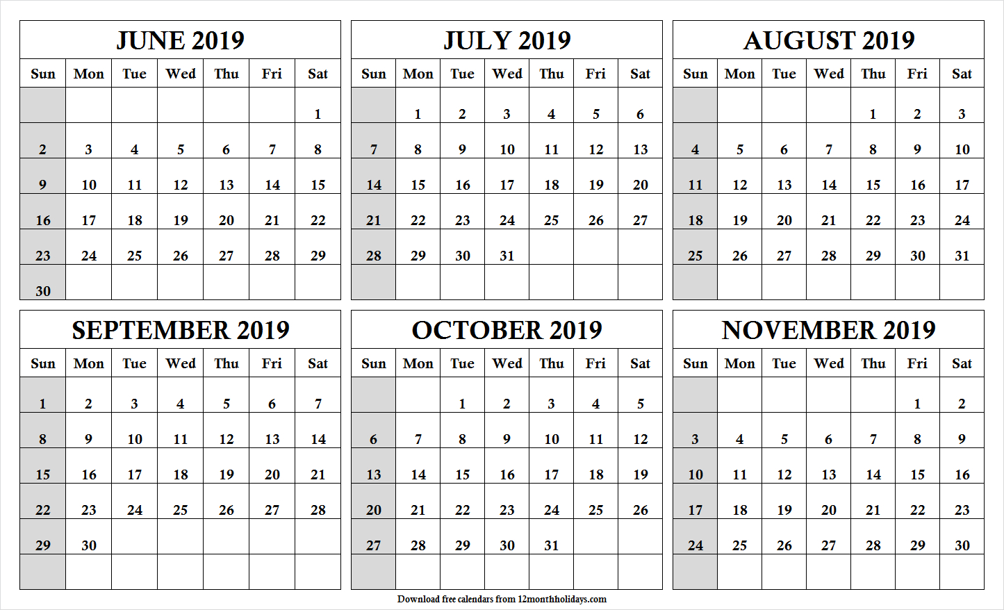 6 Month Calendar June To November 2019 Template | Cute Month