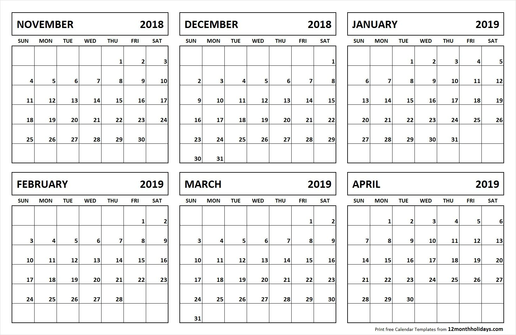 6 Month Calendar November 2018 April 2019 | 2019 Calendar