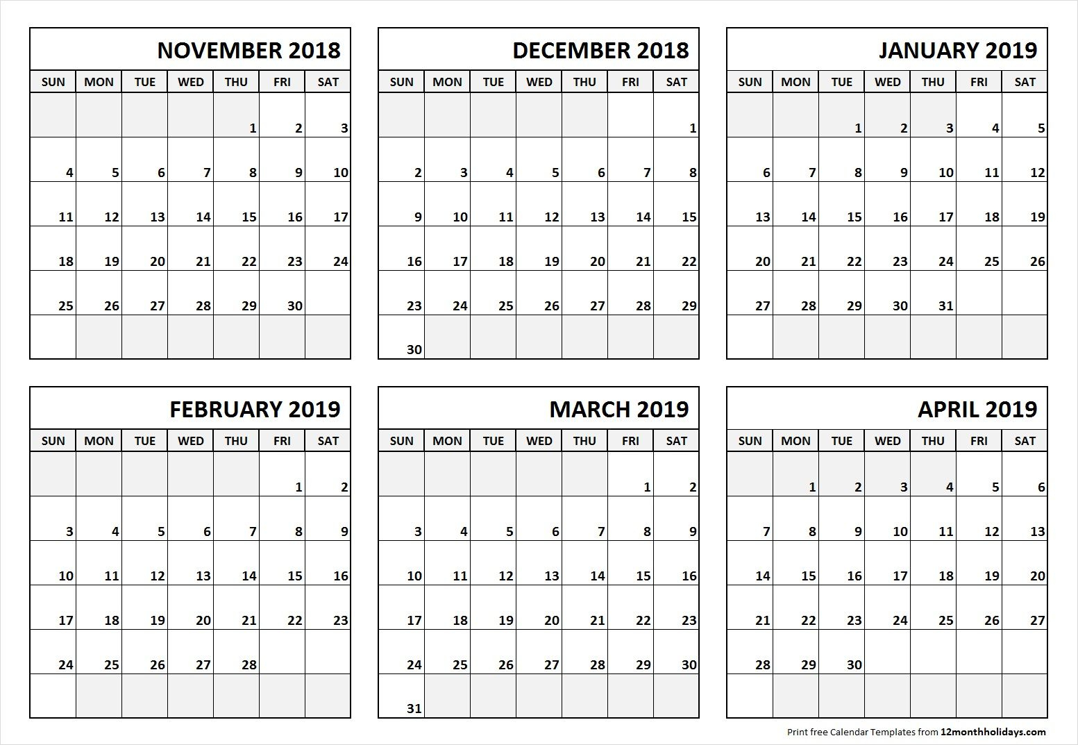 6 Month Calendar November 2018 To April 2019 | June 2019