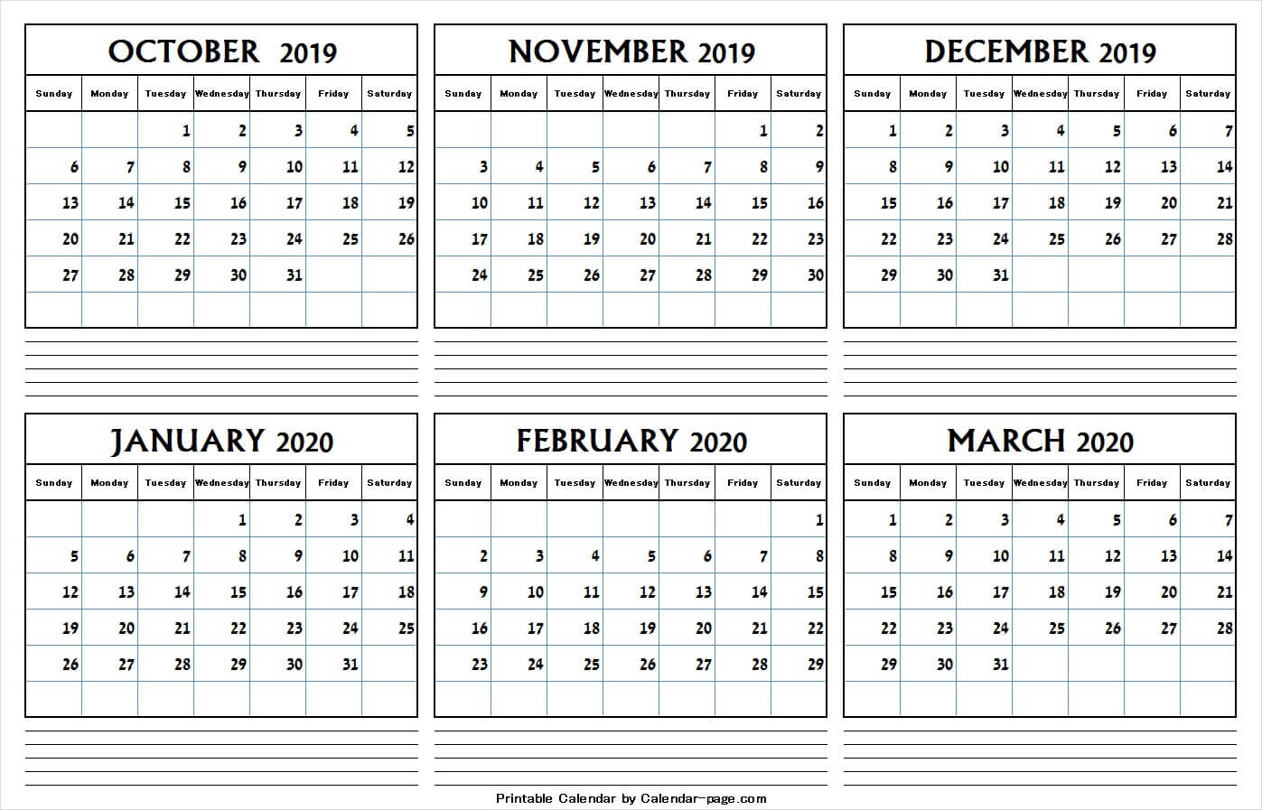 6 Month Calendar October 2019 And March 2020 | Editable Png