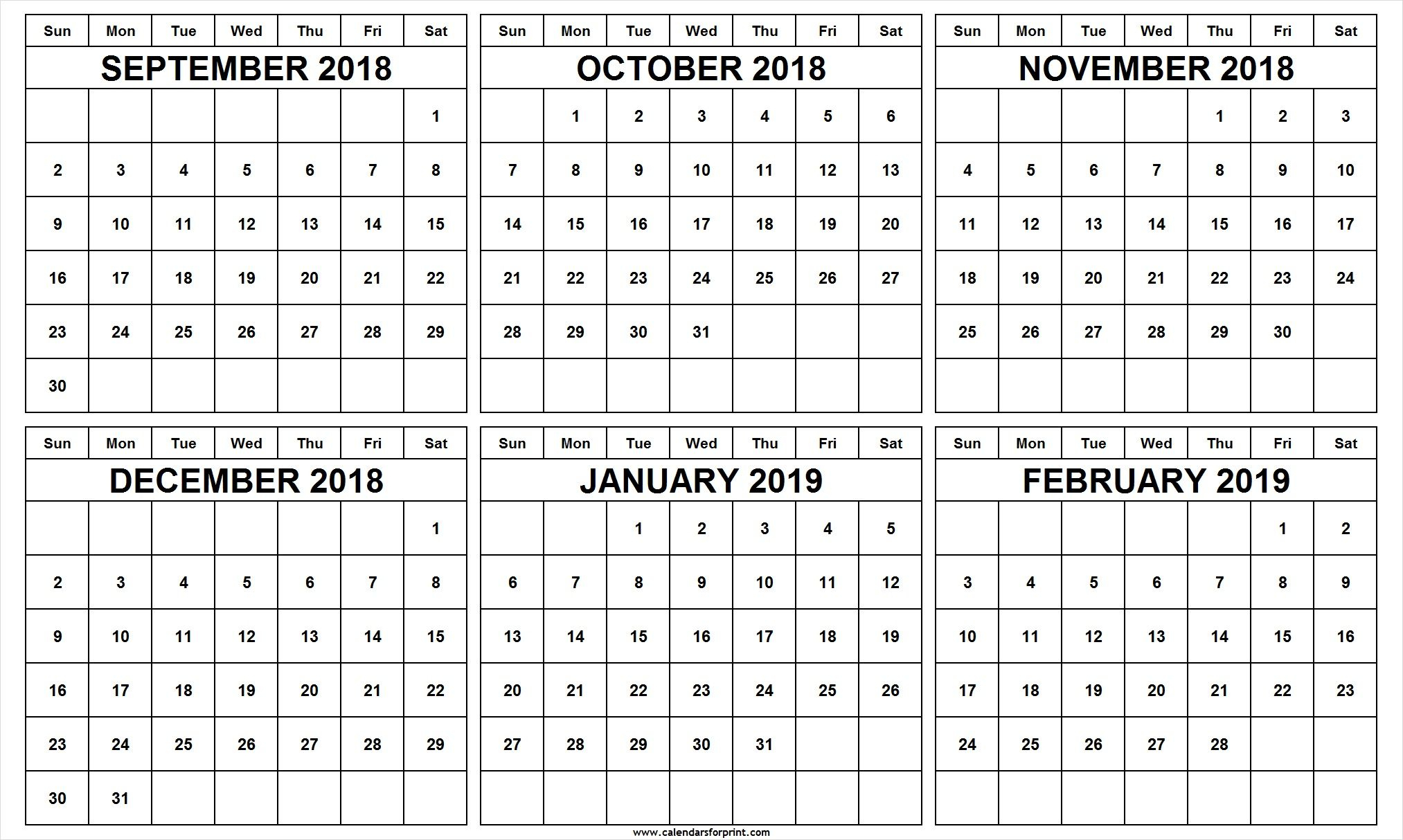 6 Month Calendar September October November December 2018