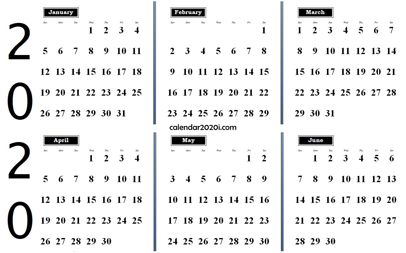 6 Months 2020 Half Year Printable Calendar | Calendar 2020