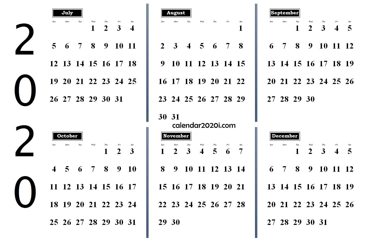 6 Months 2020 Half Year Printable Calendar | Calendar 2020