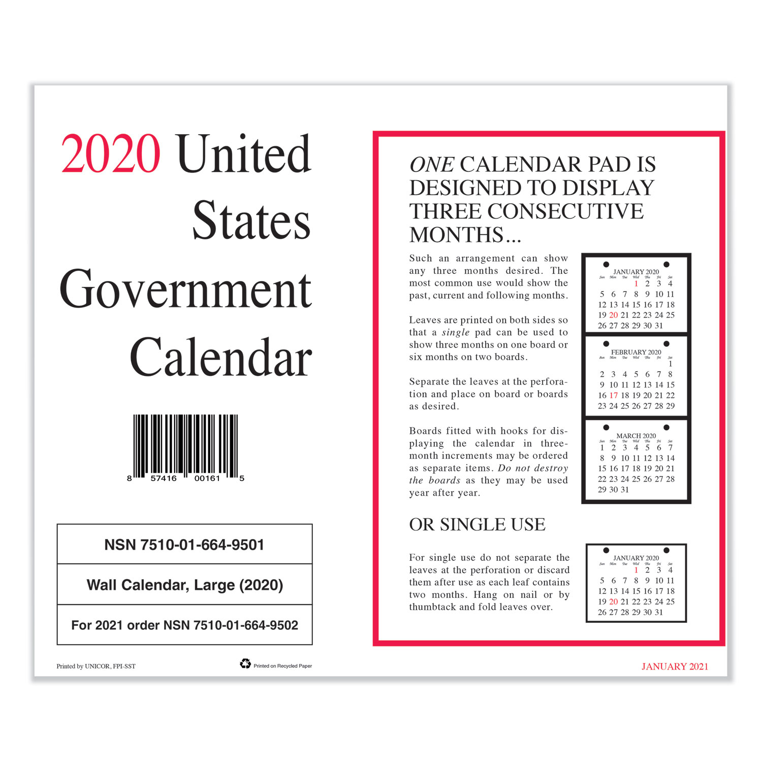 7530016649501 Monthly Wall Calendar, 9 X 11, 2020, 10/pack