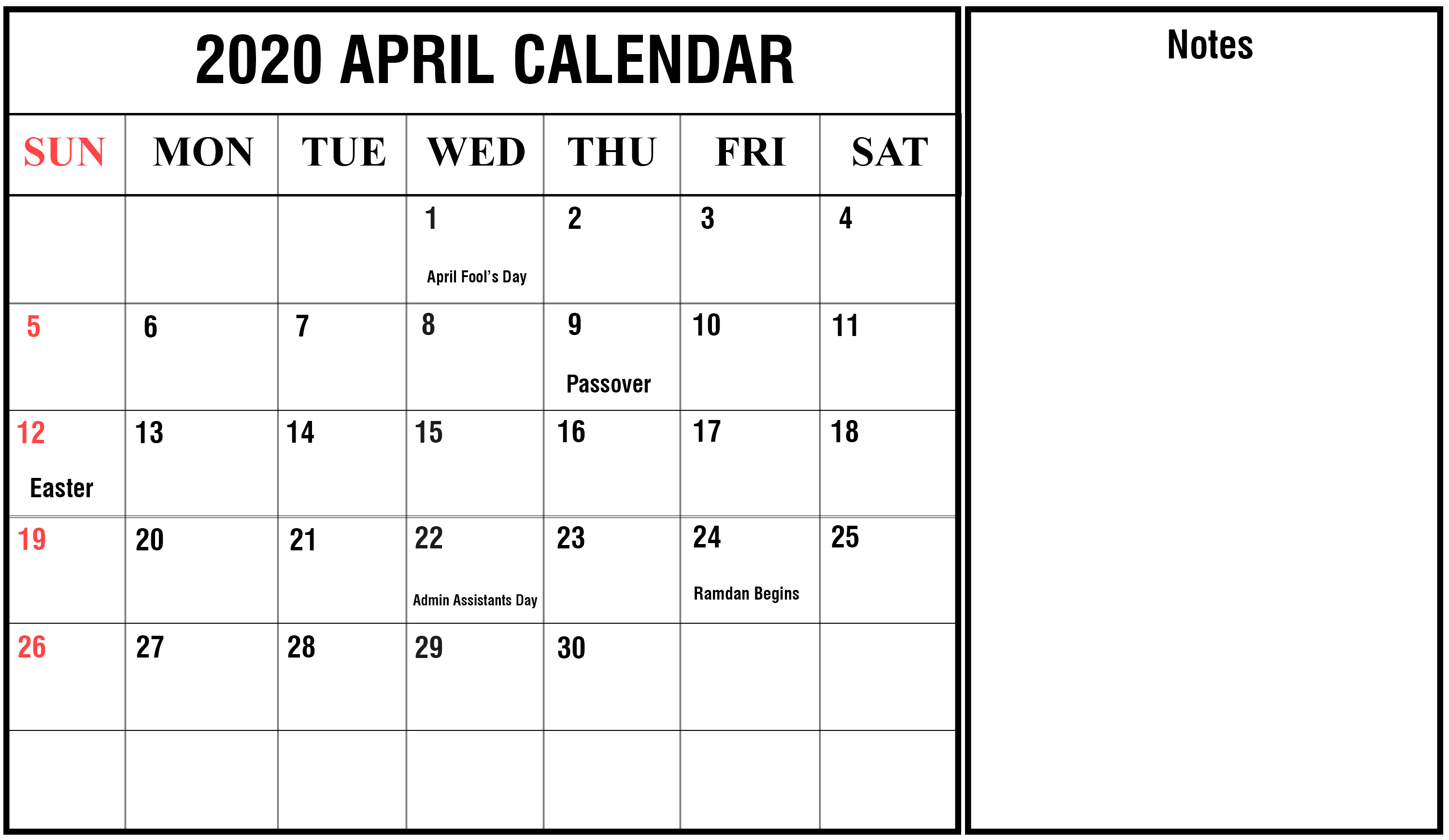April 2020 Calendar With Holidays | Free Printable Calendar