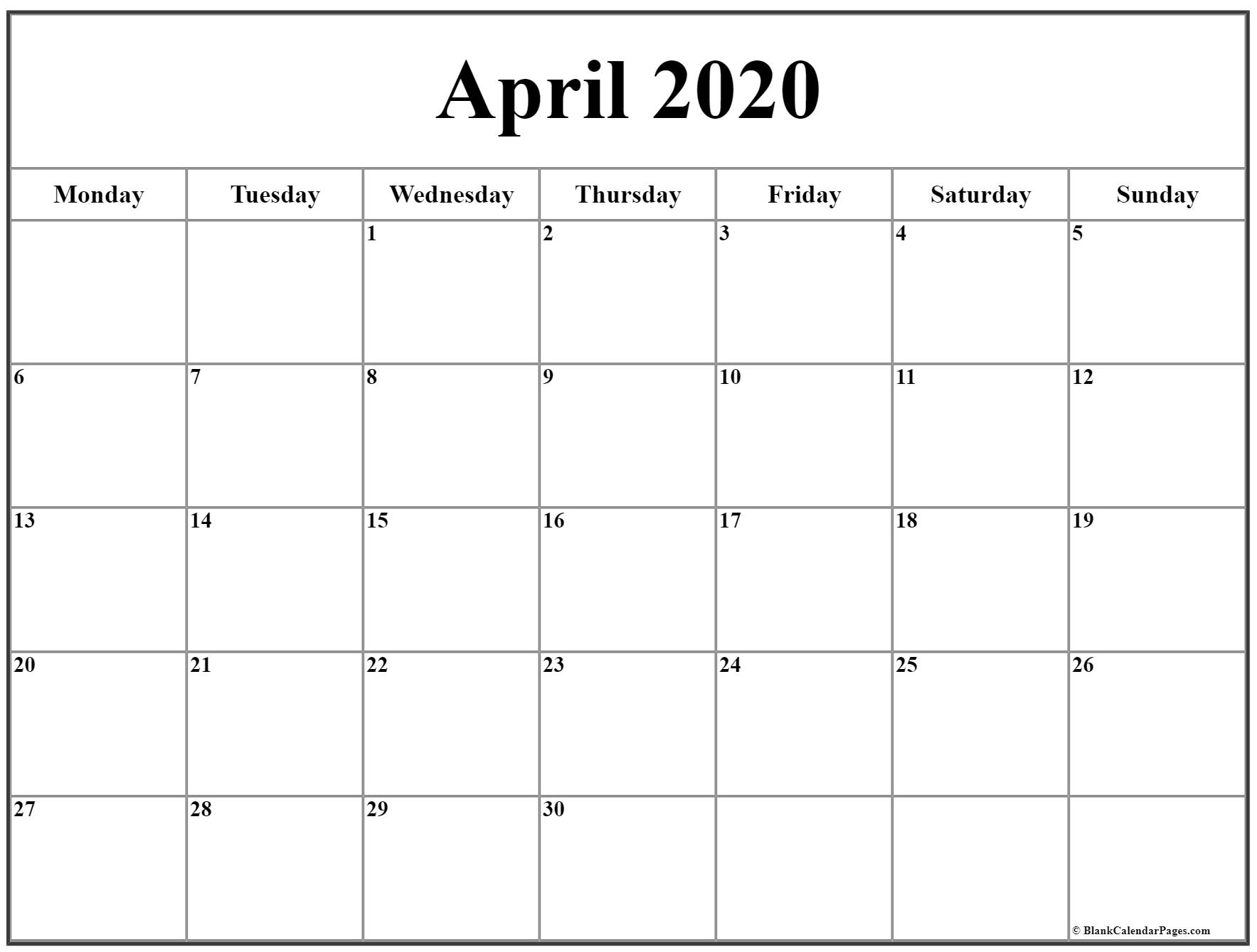 Week April 2020 Printable Monday Through Friday | Example Calendar ...