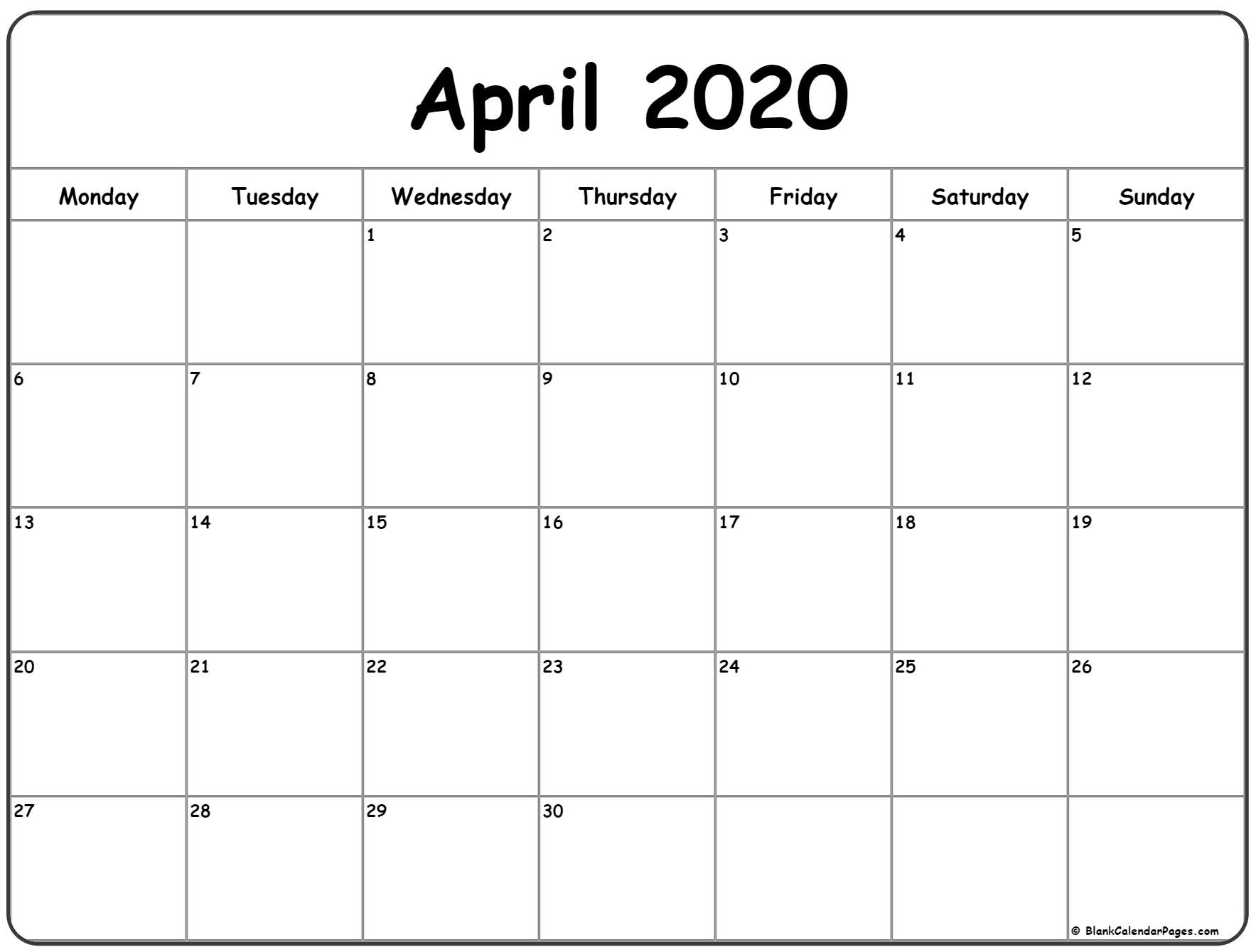 April 2020 Monday Calendar | Monday To Sunday