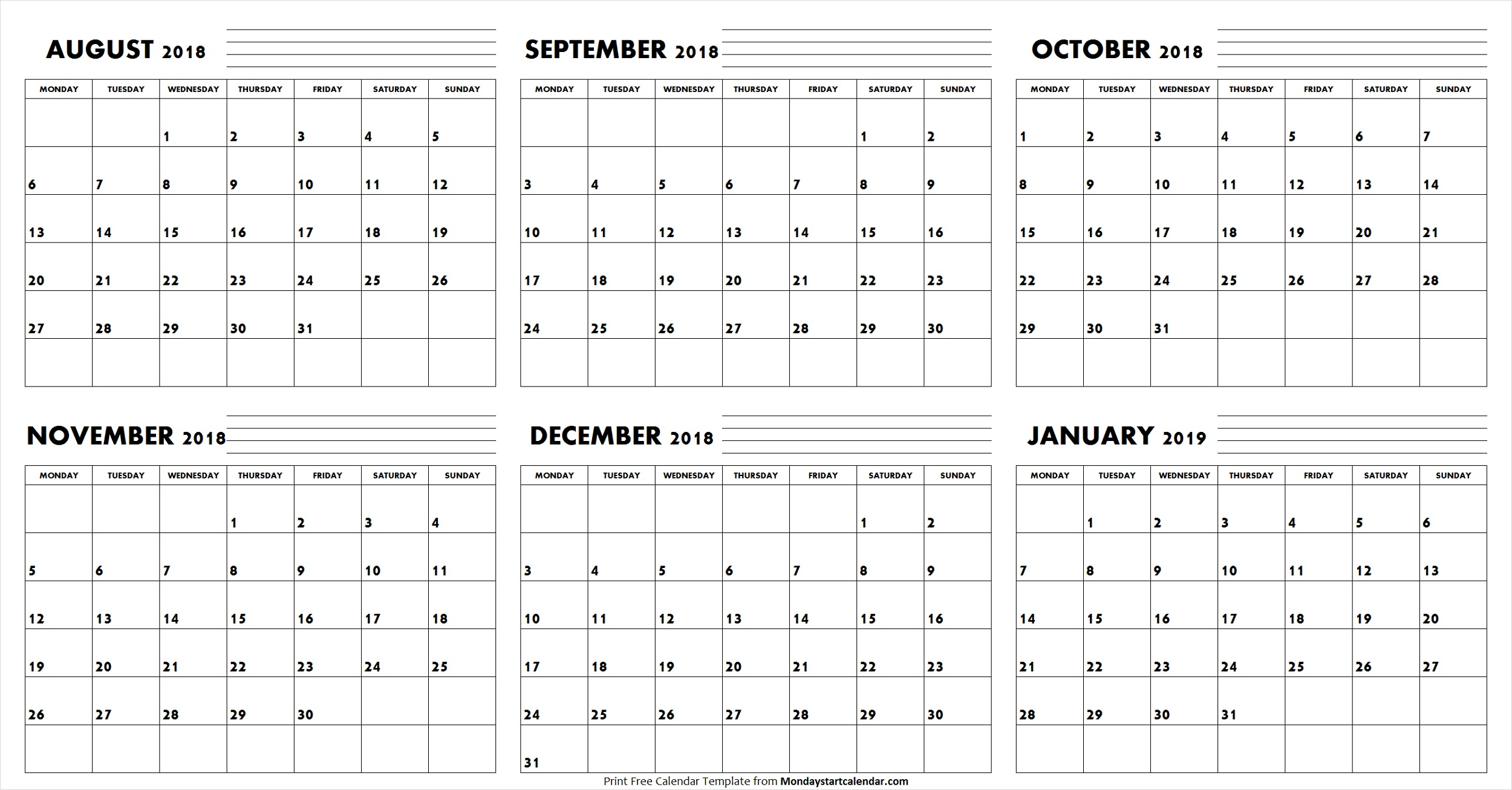 Aug Sep Oct Nov Dec 2018 Jan 2019 Calendar | Editable Template