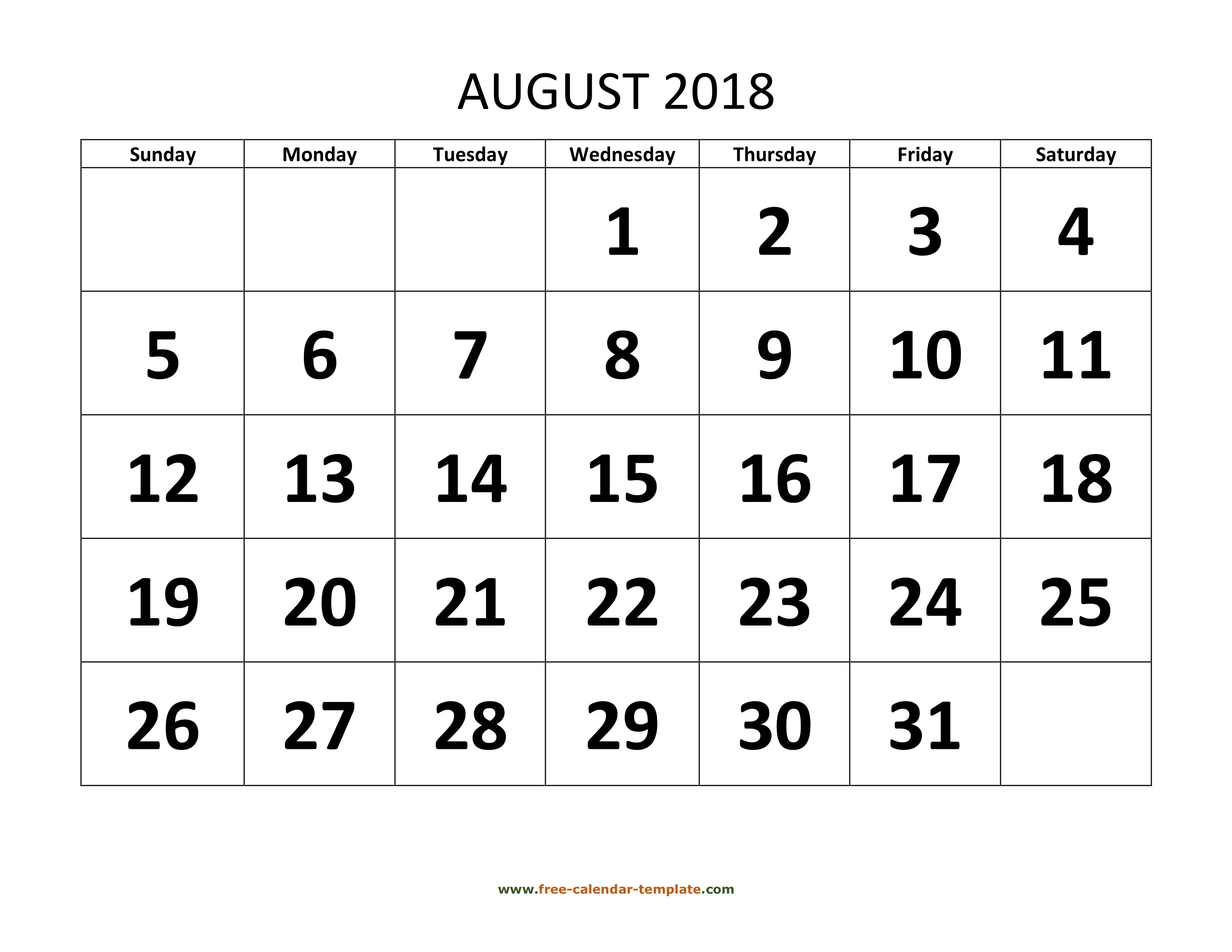 August 2018 Calendar Designed With Large Font (Horizontal