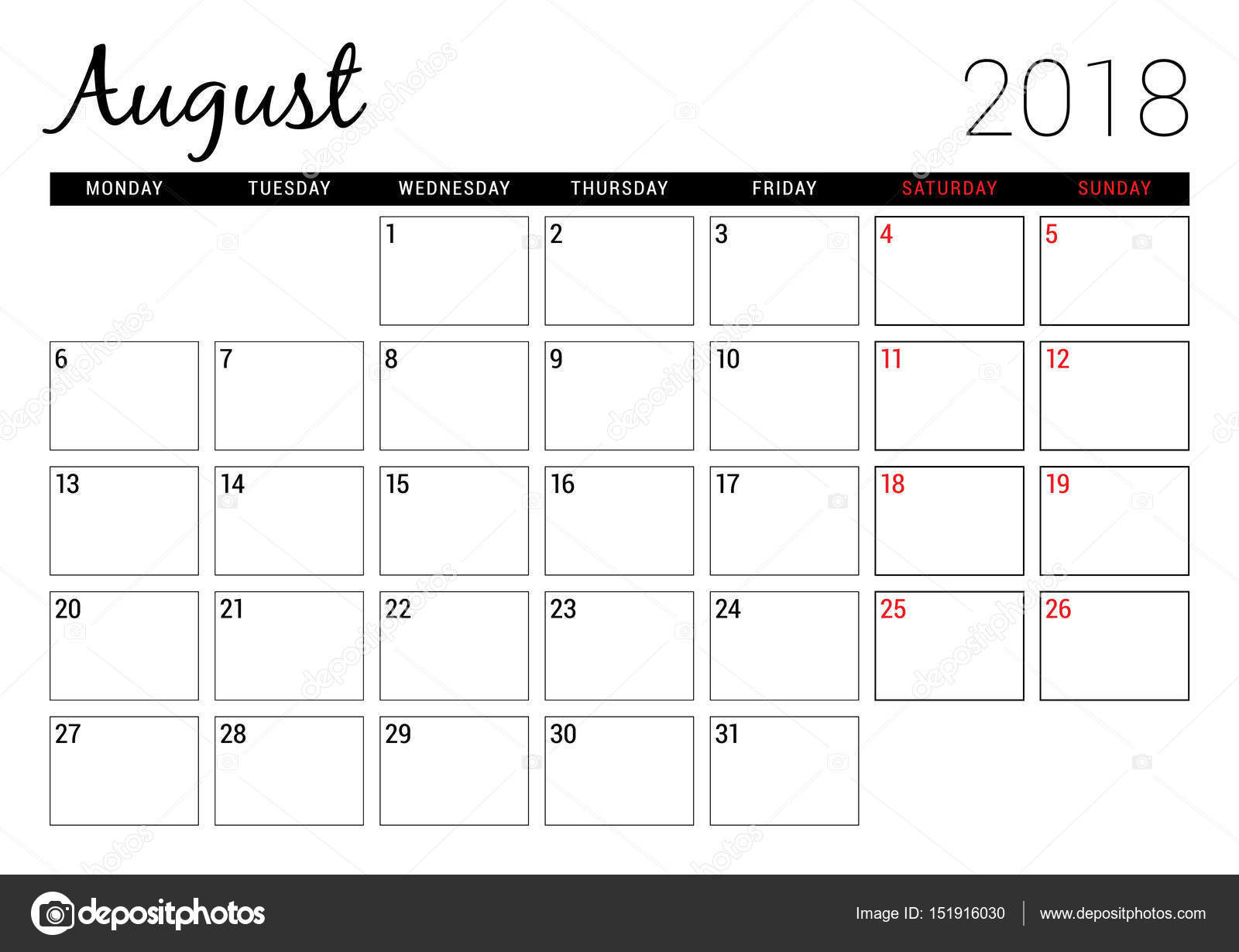 August 2018. Printable Calendar Planner Design Template