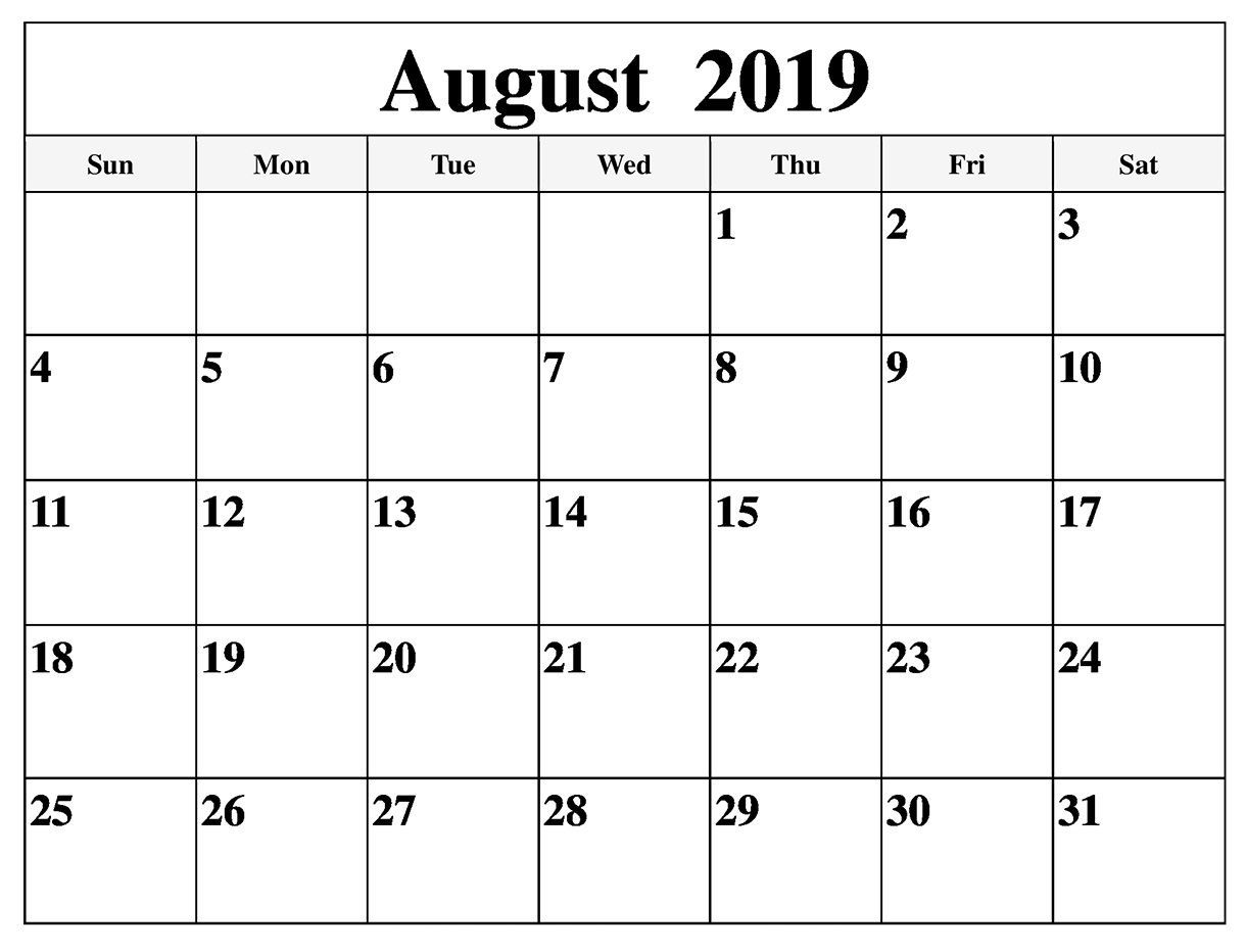 August 2019 Blank Calendar Print Weekly And Monthly - Latest