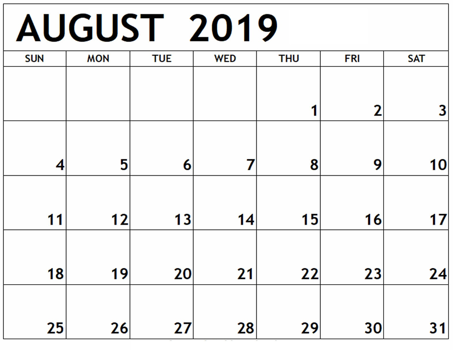 August 2019 Calendar Printable Worksheet | Free Printable