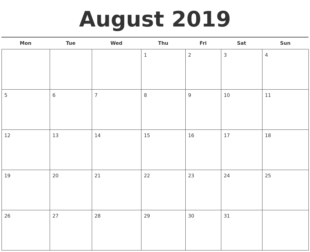 August 2019 Free Calendar Template