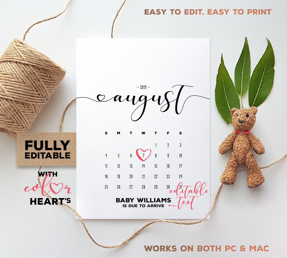 August 2019 Pregnancy Calendar Pdf Fully Editable Pdf Template Baby Due  Date Announcement Pdf Calendar Pregnancy Announce Printable Calendar