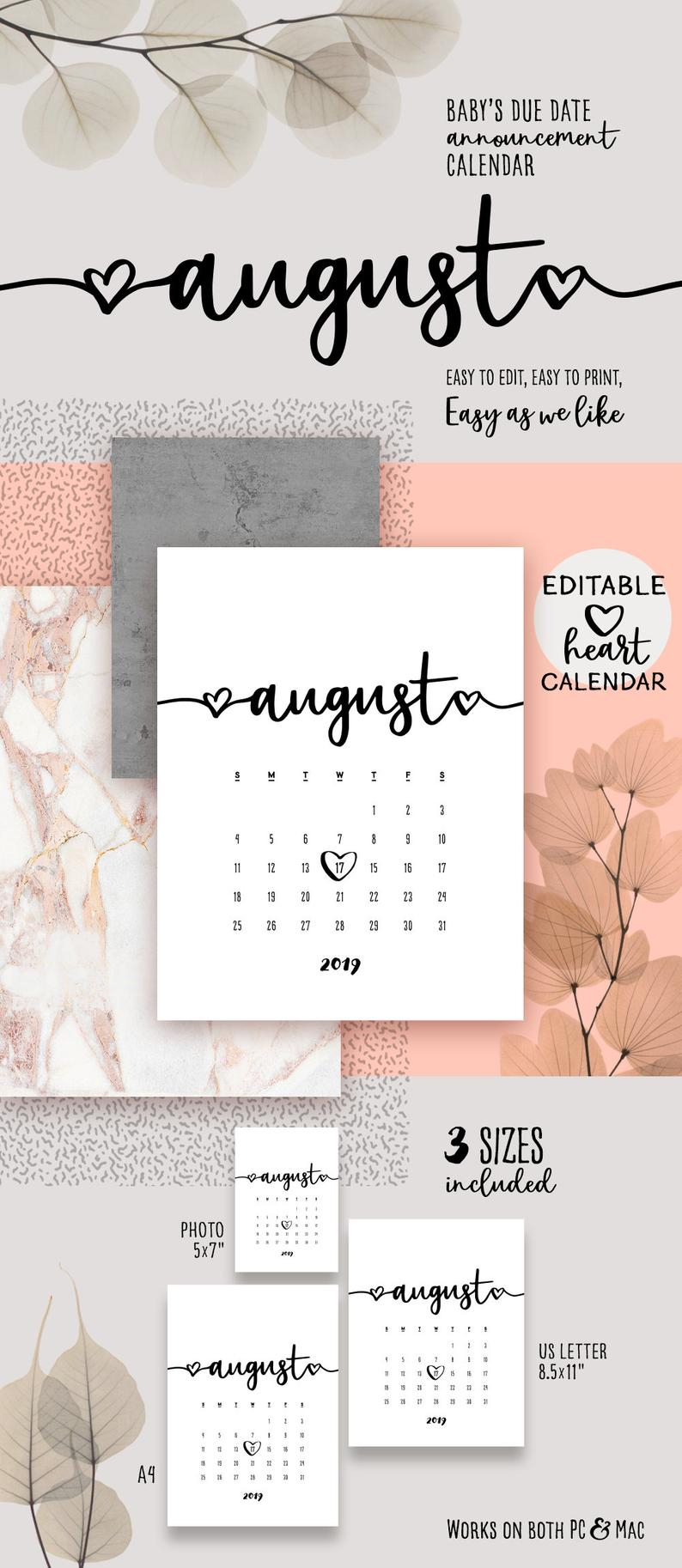 August 2019 Printable Calendar - Lovely Baby Due Date Announcement  Pregnancy Calendar Heart Pdf Reveal Baby Announce Diy Printable Calendar