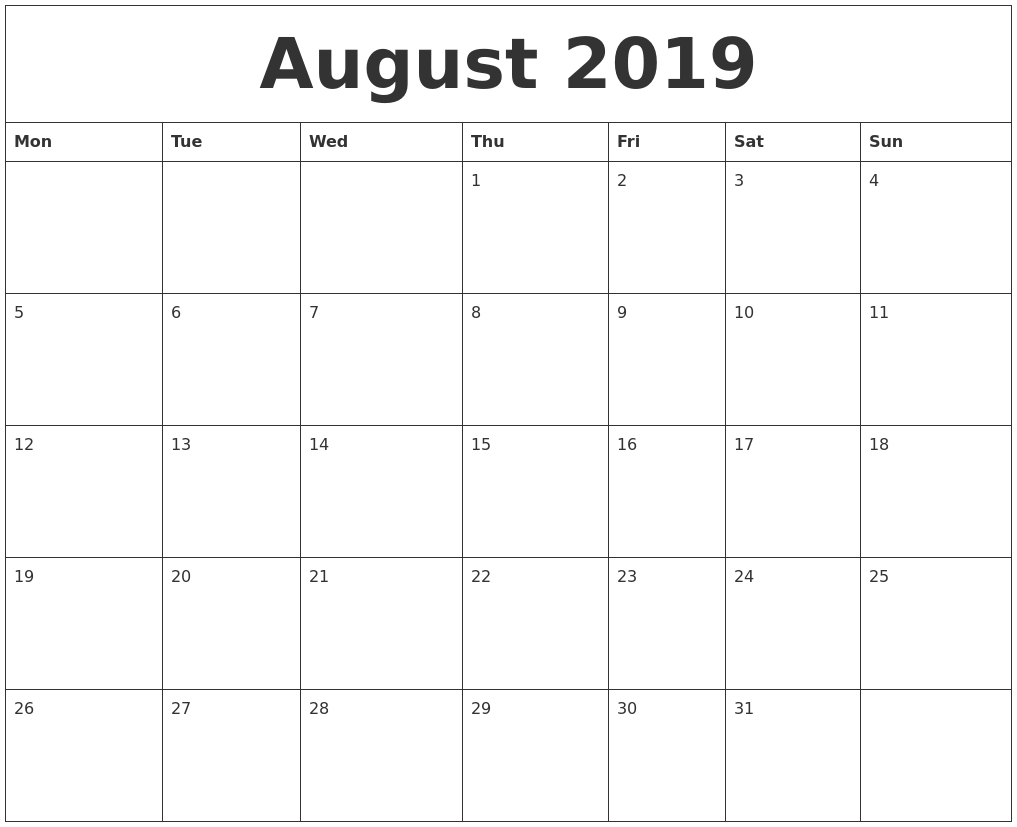 August 2019 Printable December Calendar